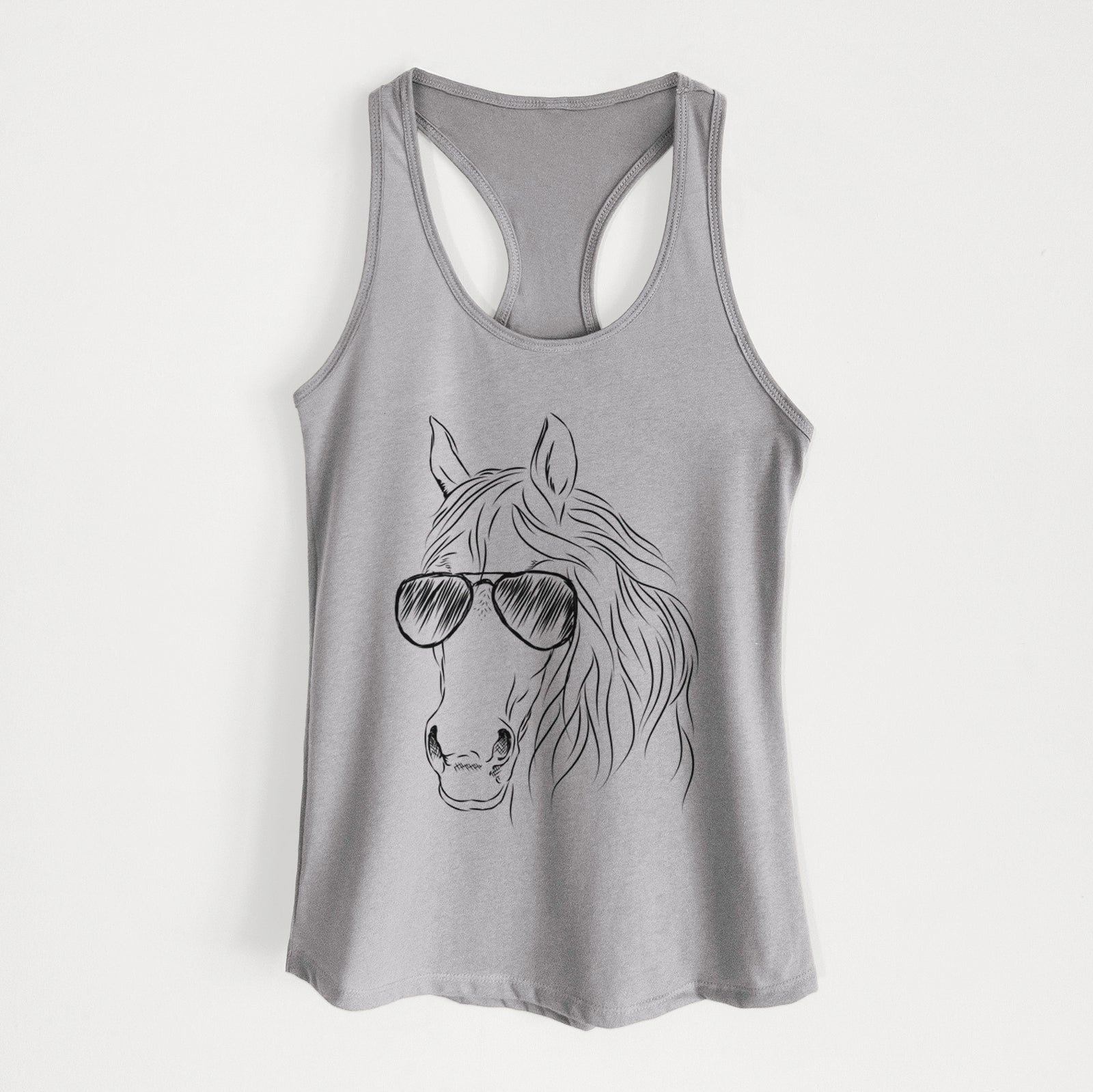 Hand-drawn sketch of Aria the Horse wearing aviator sunglasses on a Heather Grey Women's racerback tanktop