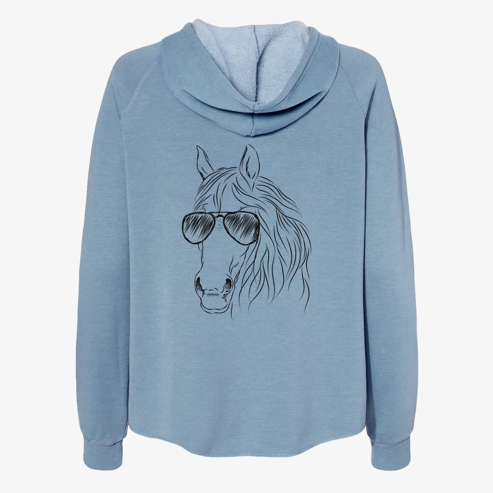 Hand-drawn sketch of Aria the Horse wearing aviator sunglasses on a Misty Blue Women's cali wave zip-up sweatshirt