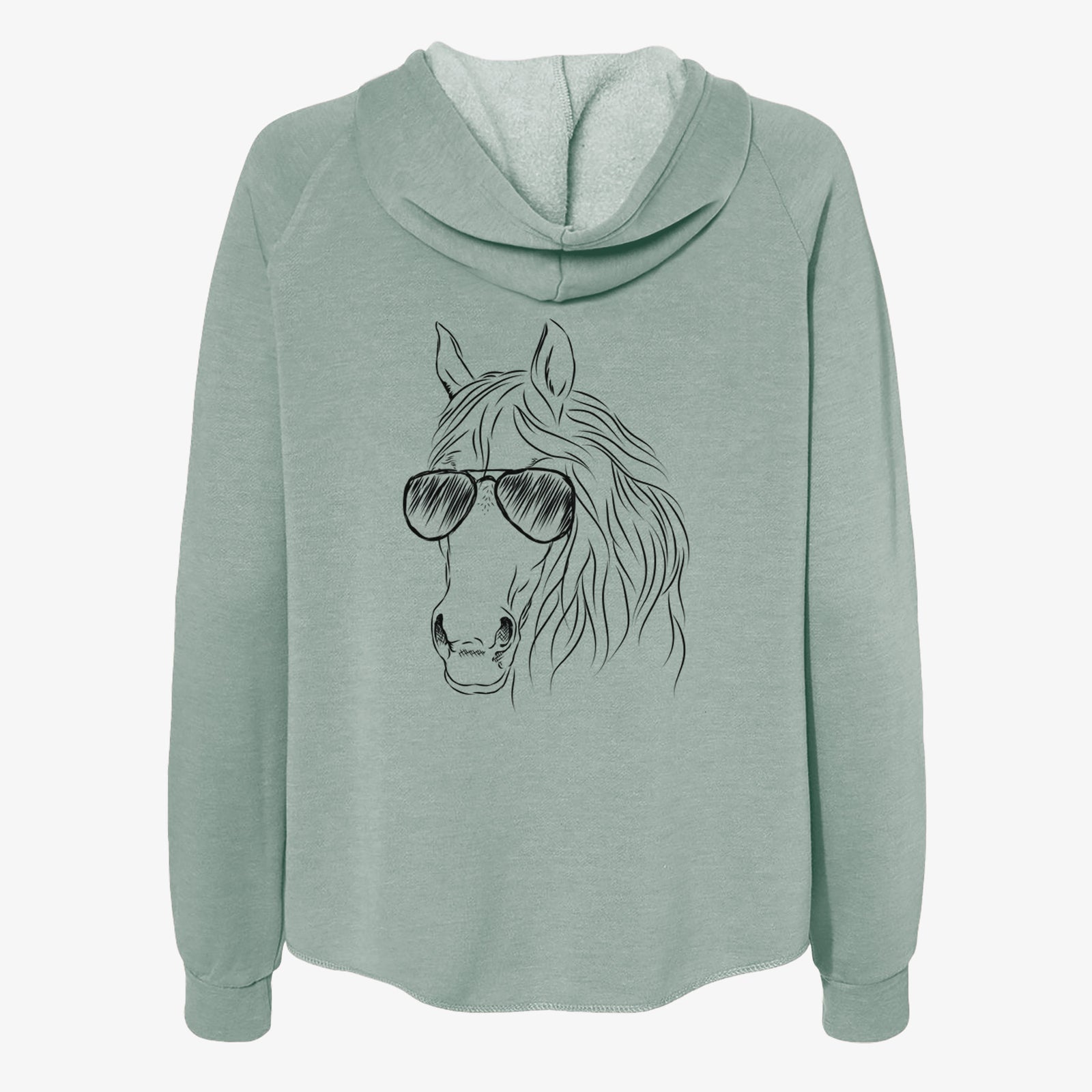 Hand-drawn sketch of Aria the Horse wearing aviator sunglasses on a Sage Women's cali wave zip-up sweatshirt