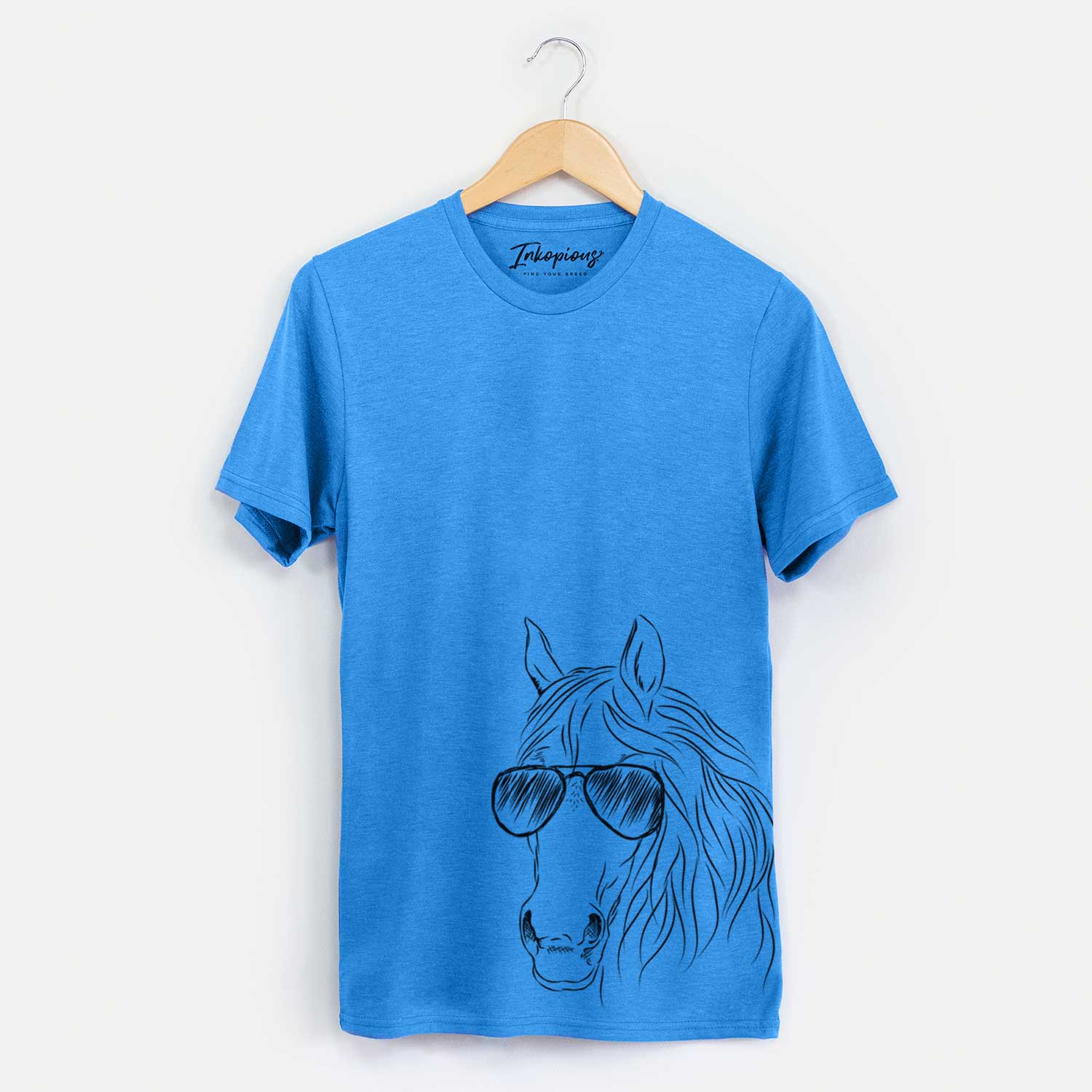Hand-drawn sketch of Aria the Horse wearing aviator sunglasses on a Blue Unisex crewneck