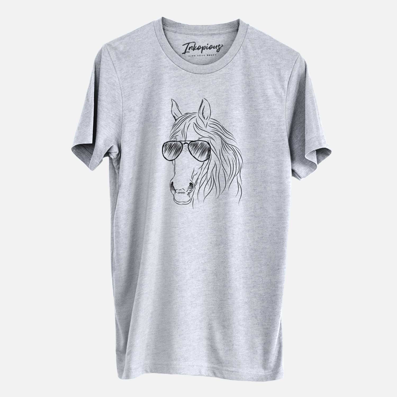 Hand-drawn sketch of Aria the Horse wearing aviator sunglasses on a Grey Unisex crewneck