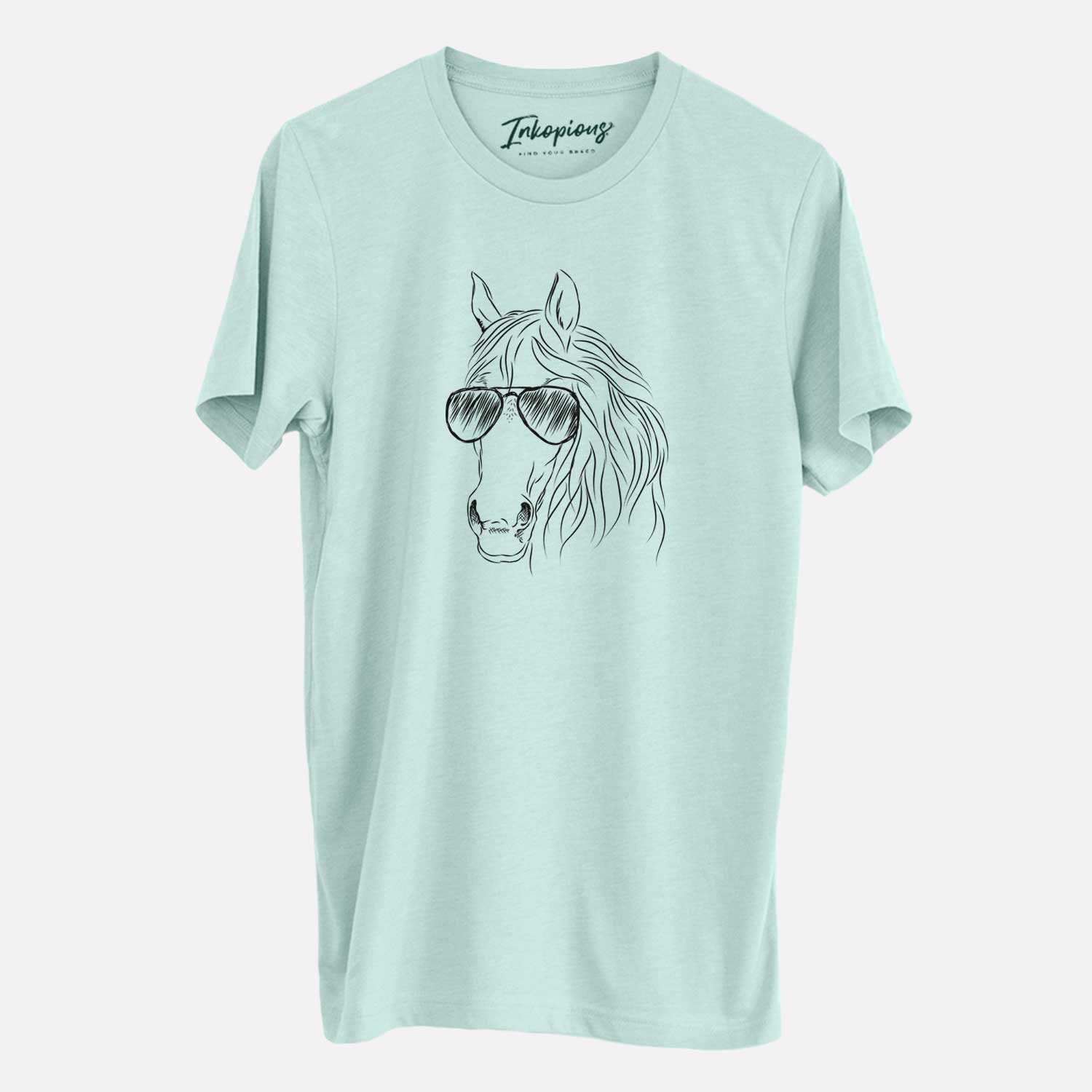 Hand-drawn sketch of Aria the Horse wearing aviator sunglasses on a Heather Sage Unisex crewneck