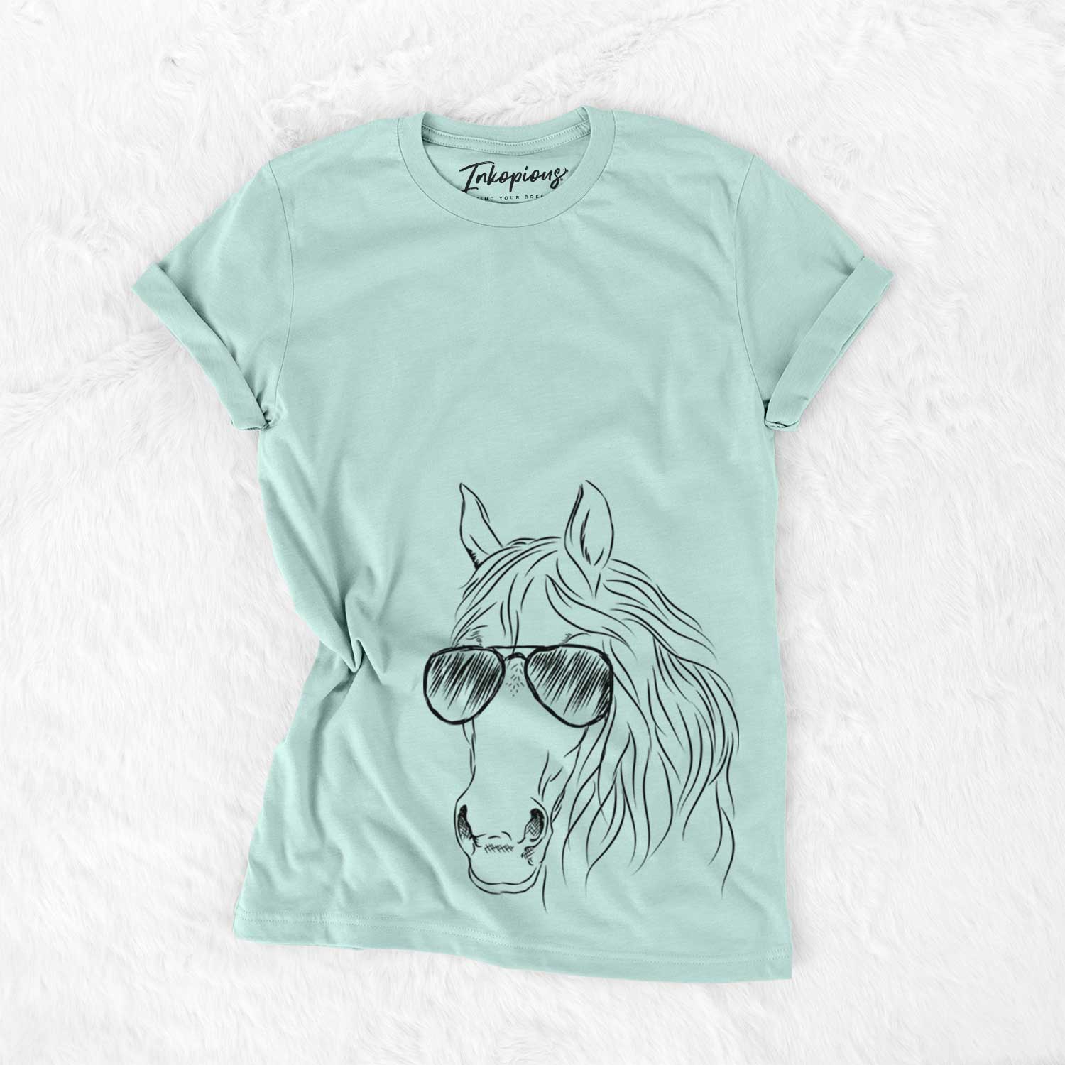 Hand-drawn sketch of Aria the Horse wearing aviator sunglasses on a Heather Sage Unisex crewneck