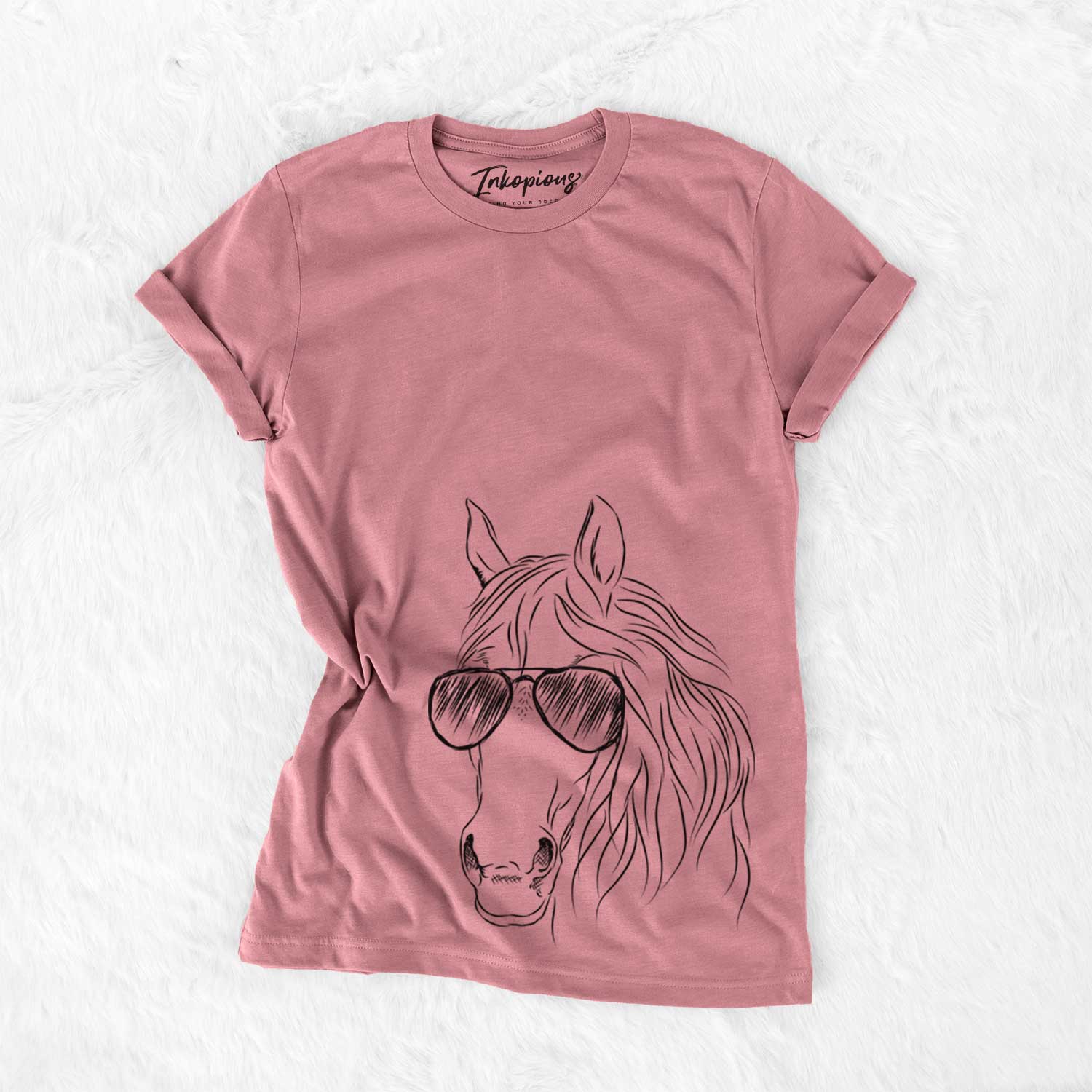 Hand-drawn sketch of Aria the Horse wearing aviator sunglasses on a Mauve Bella Canvas Unisex Crewneck