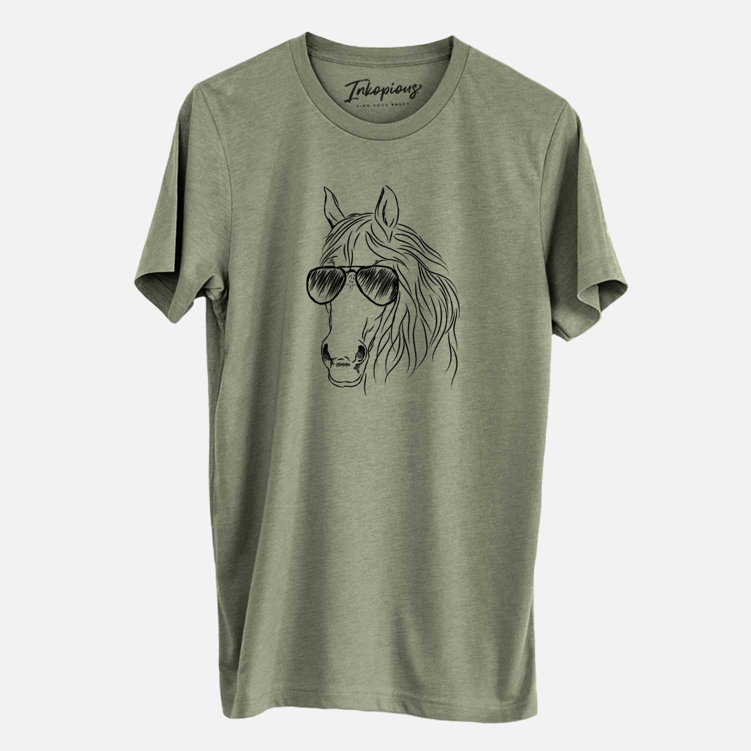 Hand-drawn sketch of Aria the Horse wearing aviator sunglasses on an Olive Unisex crewneck