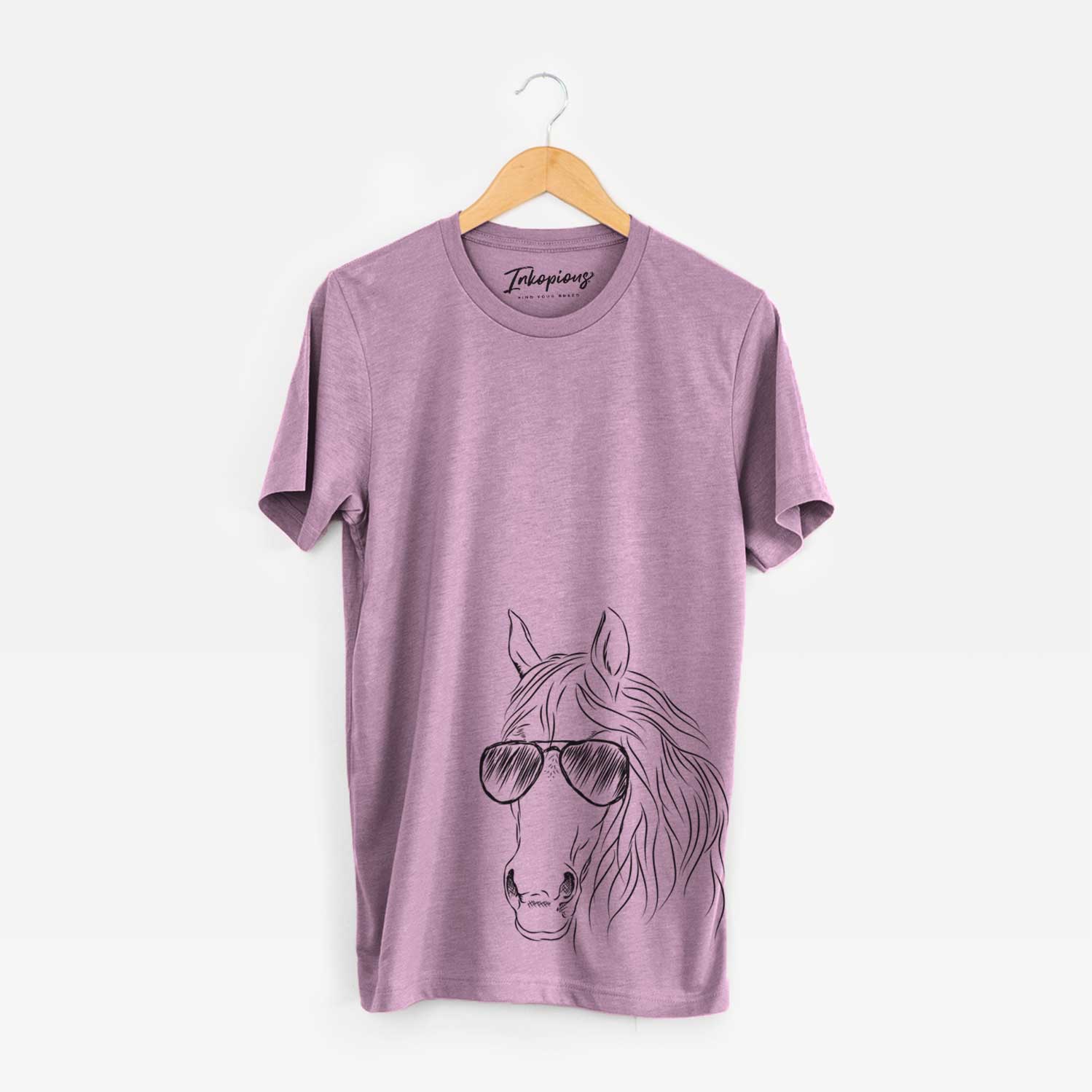 Hand-drawn sketch of Aria the Horse wearing aviator sunglasses on an Orchid Unisex crewneck