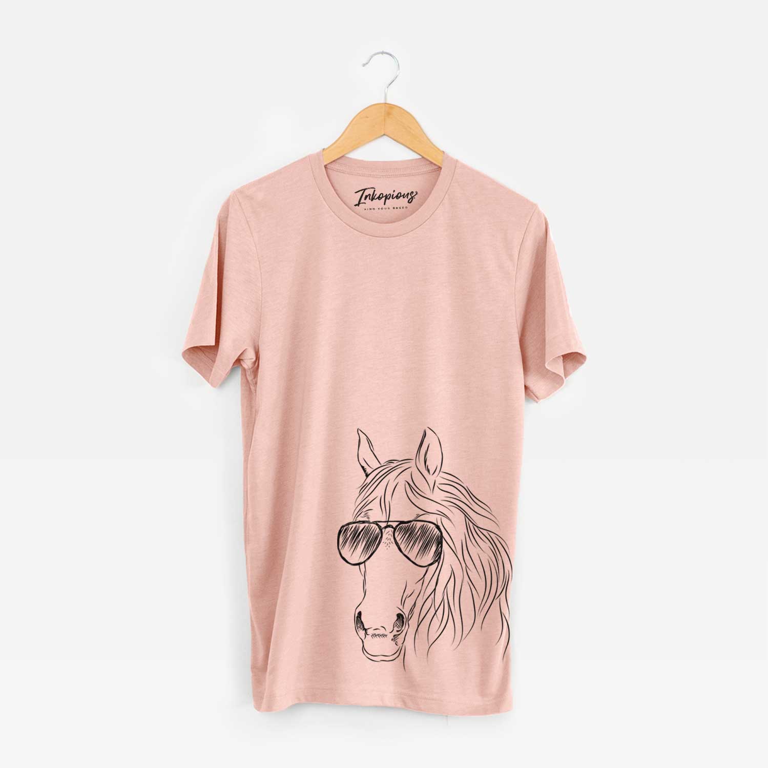 Hand-drawn sketch of Aria the Horse wearing aviator sunglasses on a Peach Unisex crewneck
