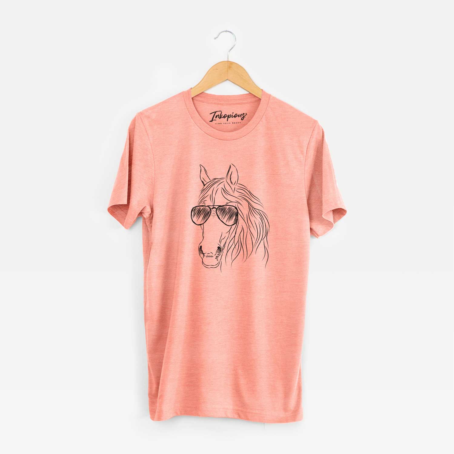 Hand-drawn sketch of Aria the Horse wearing aviator sunglasses on a Sunset Unisex crewneck