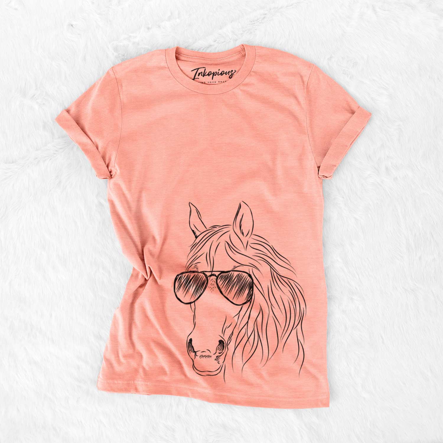 Hand-drawn sketch of Aria the Horse wearing aviator sunglasses on a Sunset Bella Canvas Unisex Crewneck