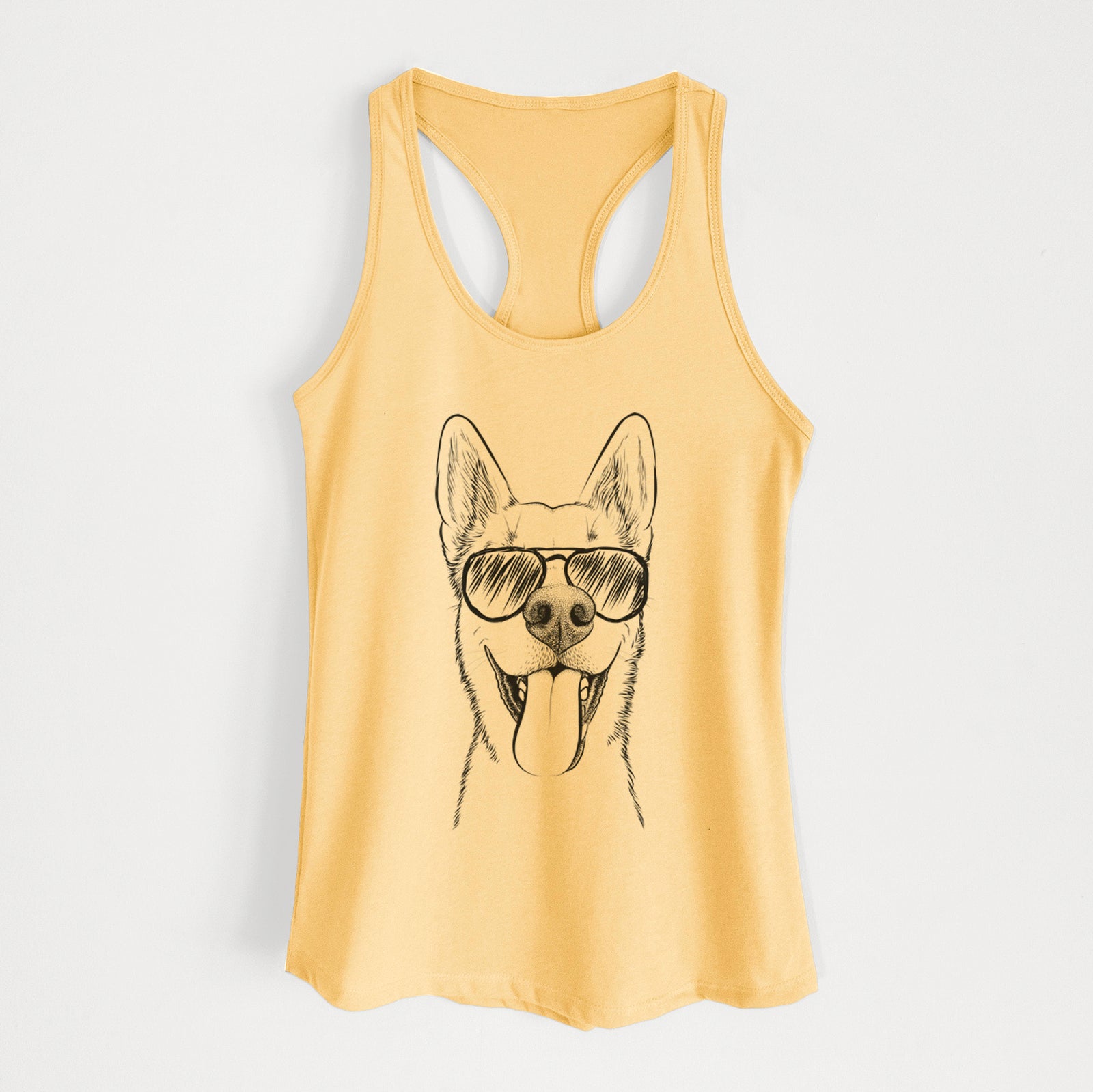 Hand-drawn sketch of Arlo the Husky Shepherd Mix wearing aviator sunglasses on a Banana Cream Women's racerback tanktop