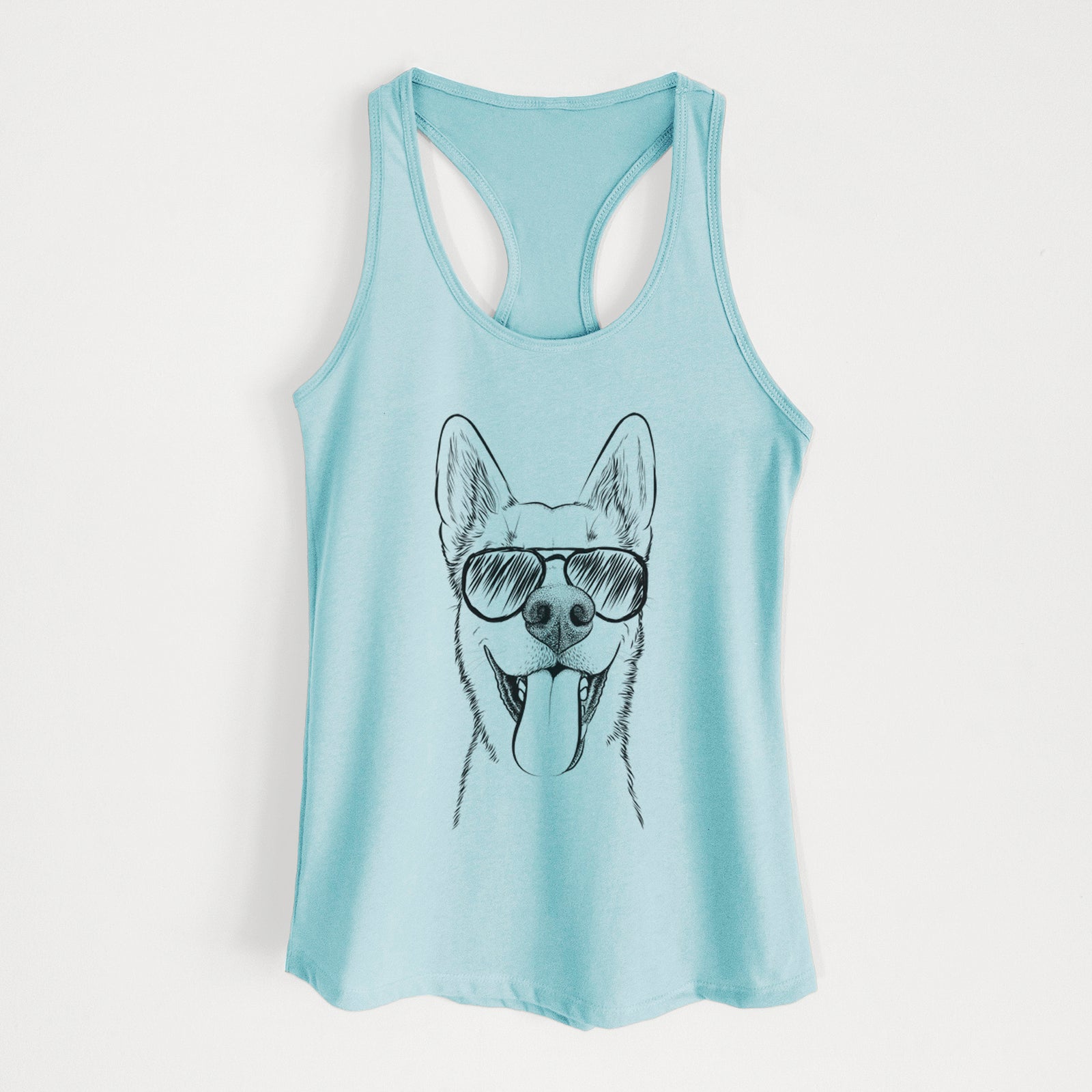 Hand-drawn sketch of Arlo the Husky Shepherd Mix wearing aviator sunglasses on a Cancun Blue Women's racerback tanktop