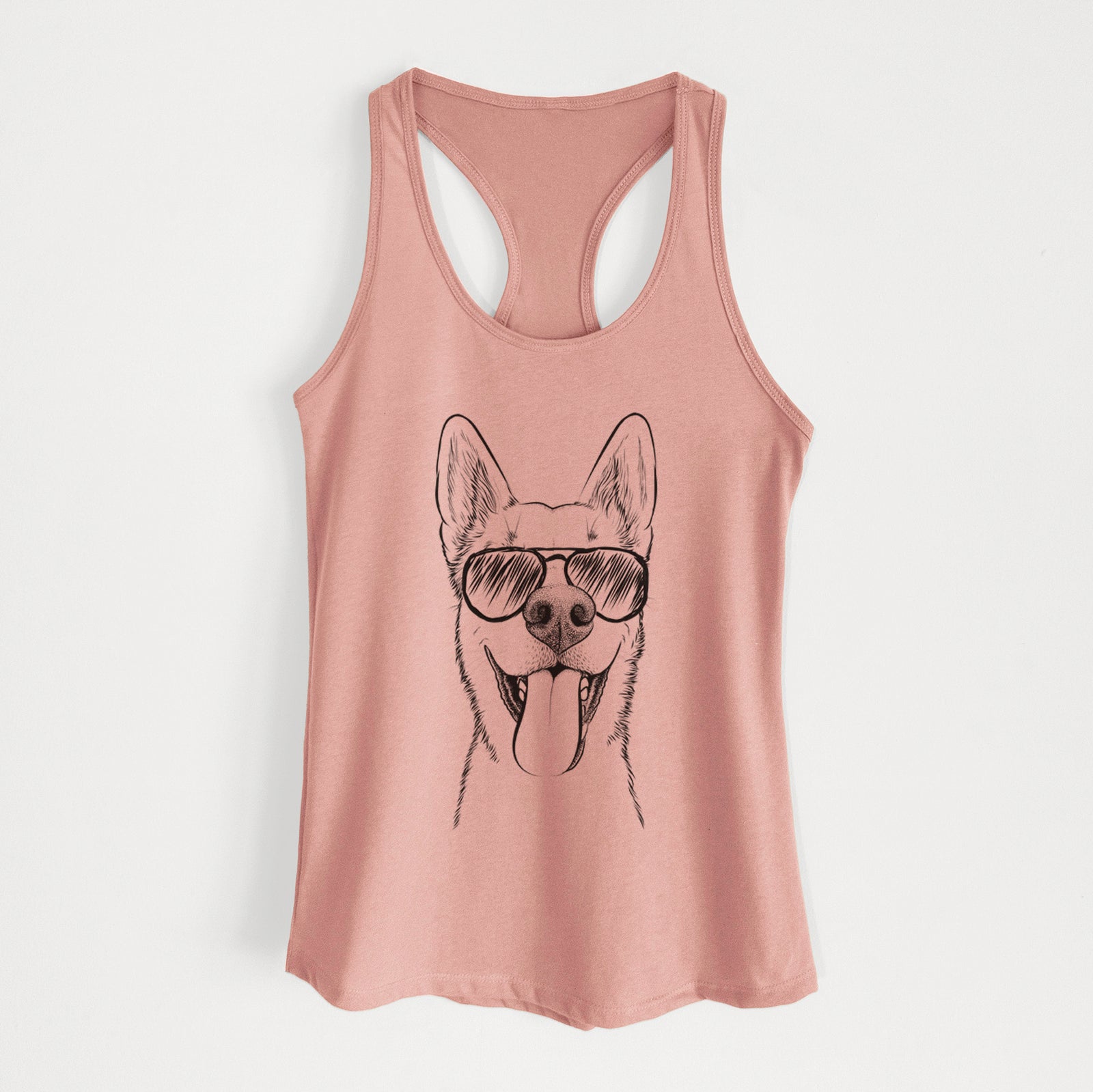 Hand-drawn sketch of Arlo the Husky Shepherd Mix wearing aviator sunglasses on a Desert Pink Women's racerback tanktop