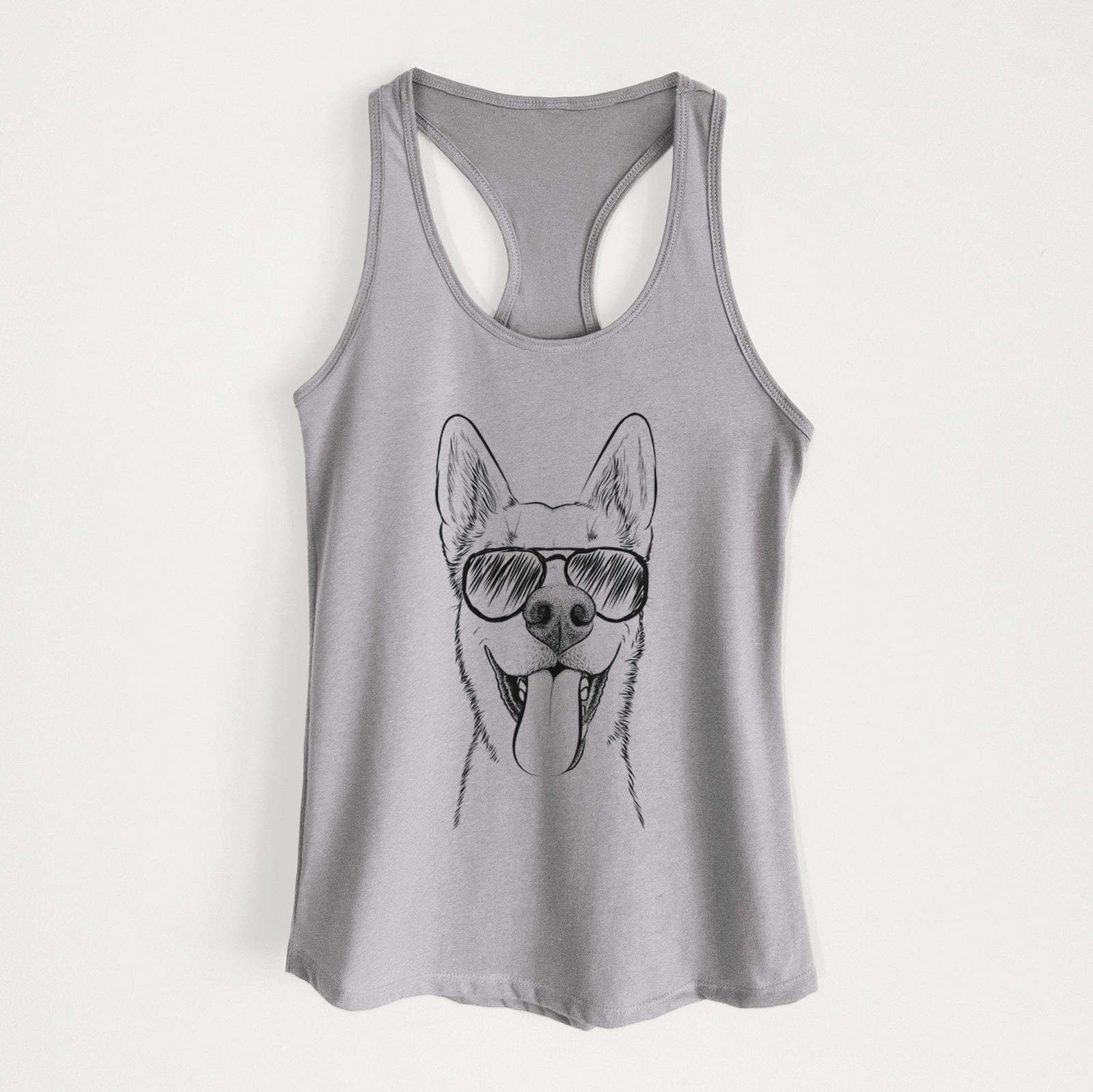Hand-drawn sketch of Arlo the Husky Shepherd Mix wearing aviator sunglasses on a Heather Grey Women's racerback tanktop