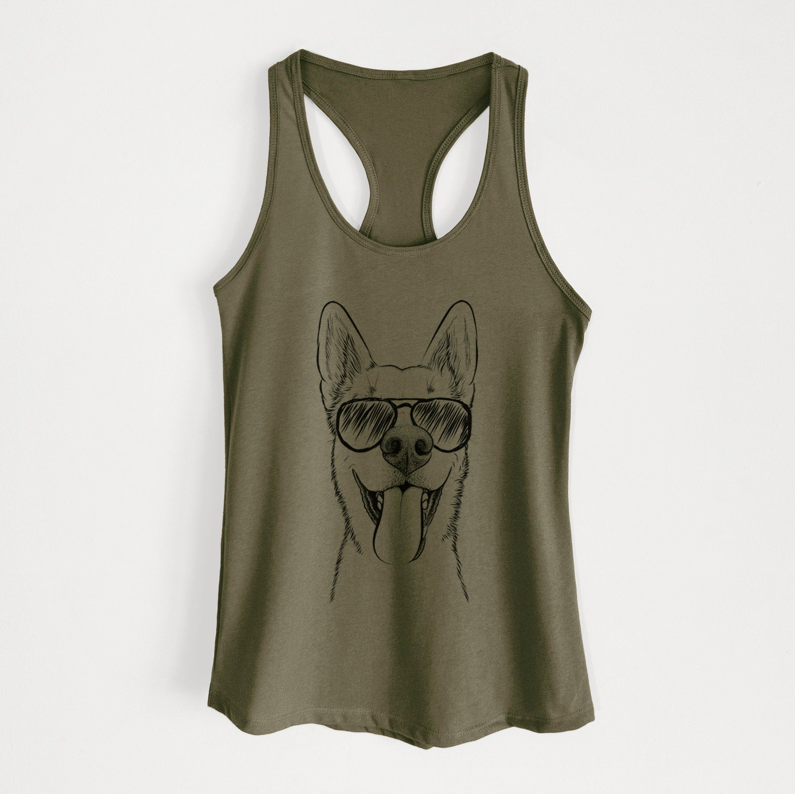 Hand-drawn sketch of Arlo the Husky Shepherd Mix wearing aviator sunglasses on a Military Green Women's racerback tanktop
