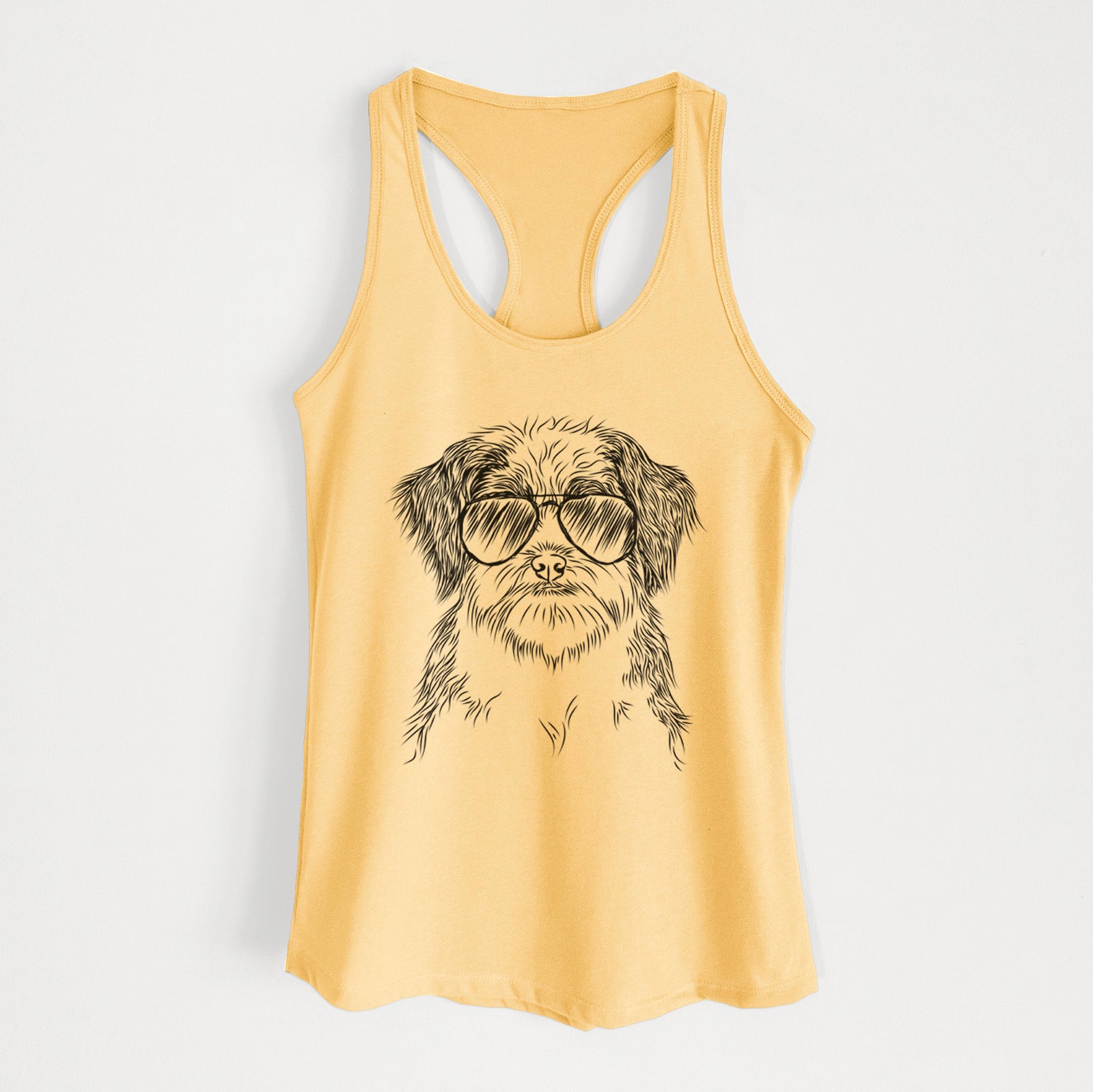 Hand-drawn sketch of Asa the Havanese wearing aviator sunglasses on a Banana Cream Women's racerback tanktop