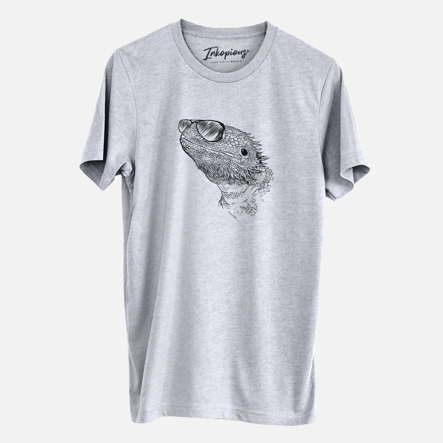 Hand-drawn sketch of Ash the Bearded Dragon wearing aviator sunglasses on a Grey Unisex crewneck