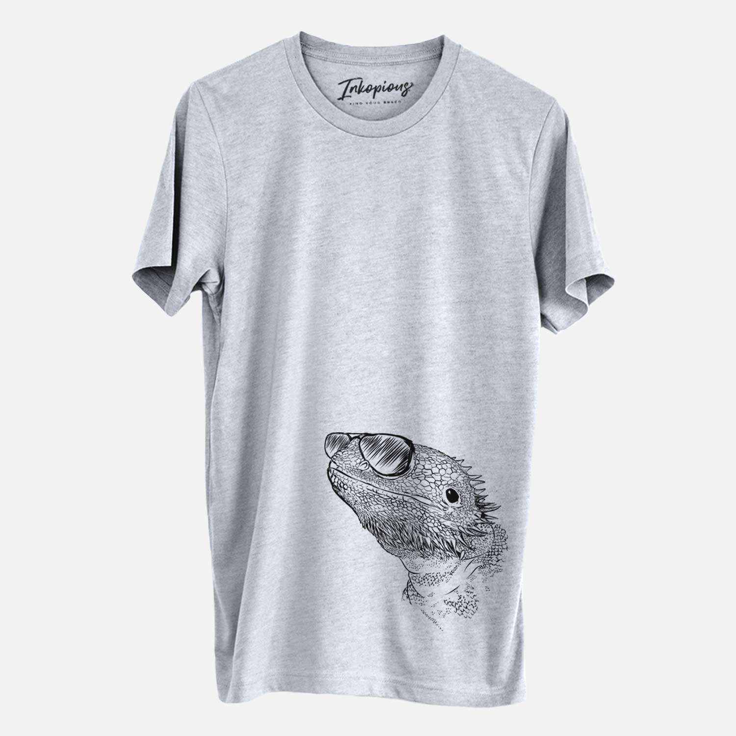 Hand-drawn sketch of Ash the Bearded Dragon wearing aviator sunglasses on a Grey Unisex crewneck