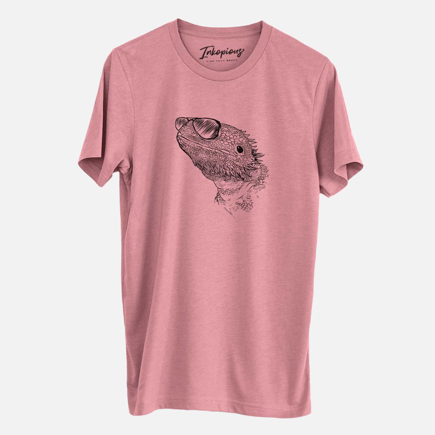 Hand-drawn sketch of Ash the Bearded Dragon wearing aviator sunglasses on a Mauve Unisex crewneck