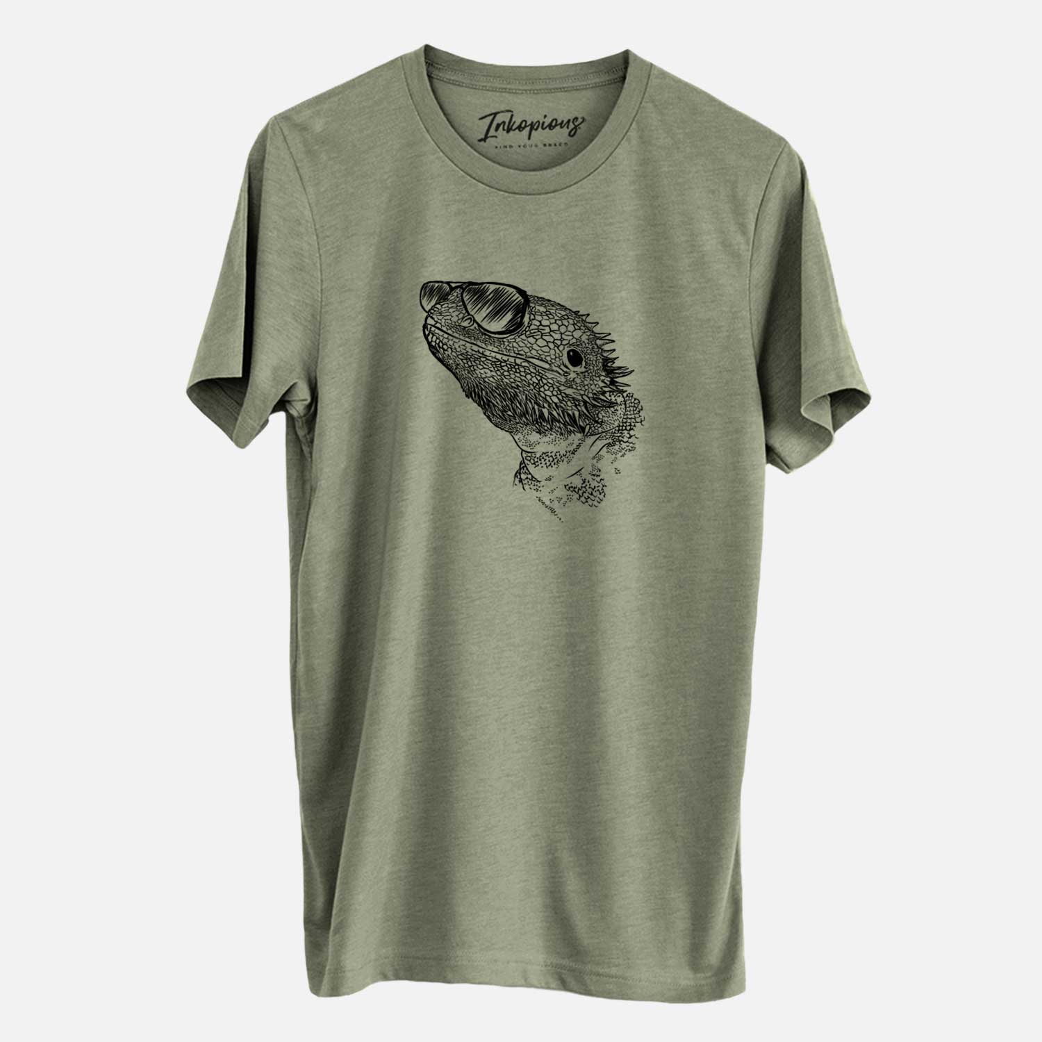 Hand-drawn sketch of Ash the Bearded Dragon wearing aviator sunglasses on an Olive Unisex crewneck