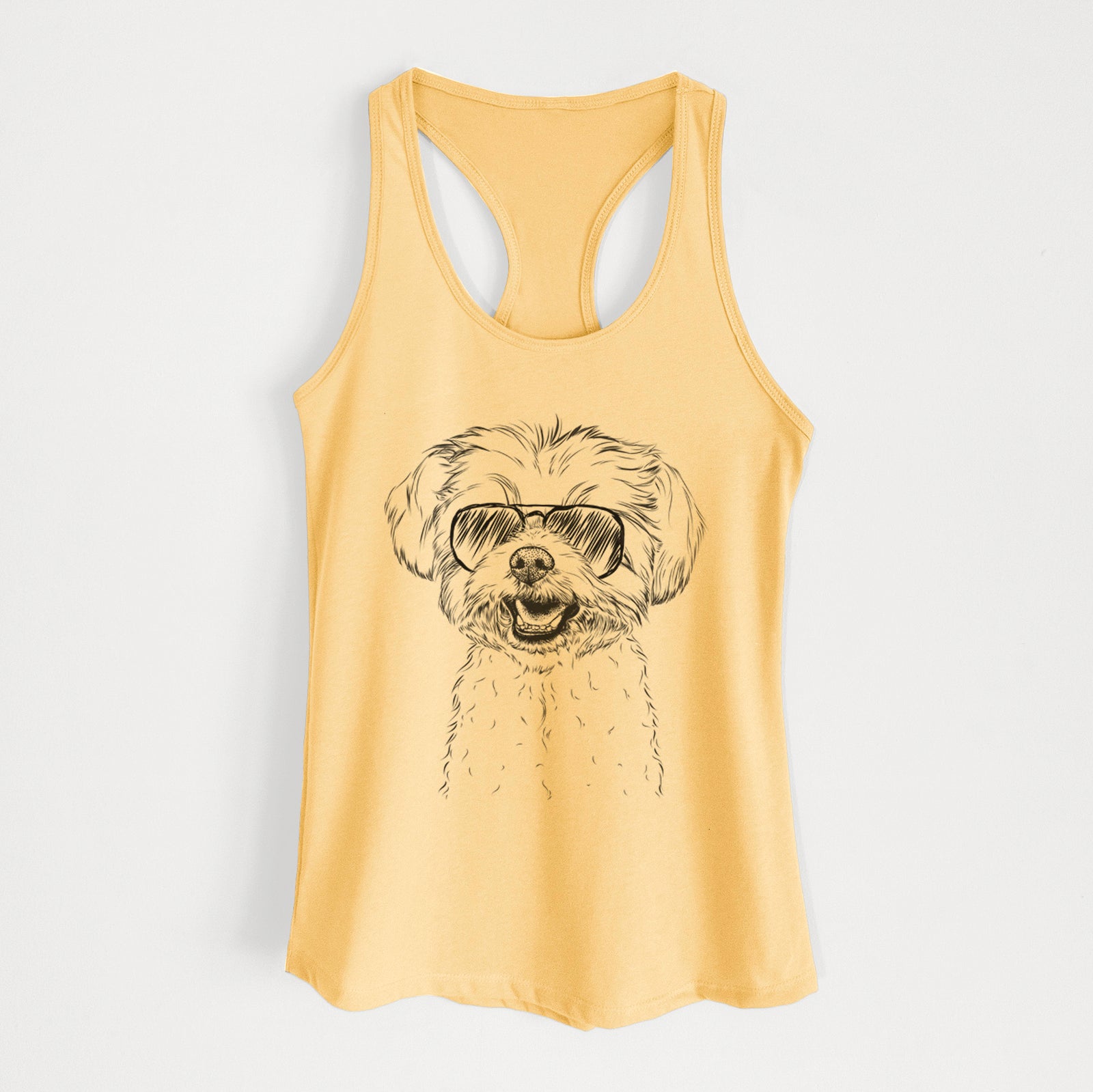 Hand-drawn sketch of Aspen the Morkie wearing aviator sunglasses on a Banana Cream Women's racerback tanktop