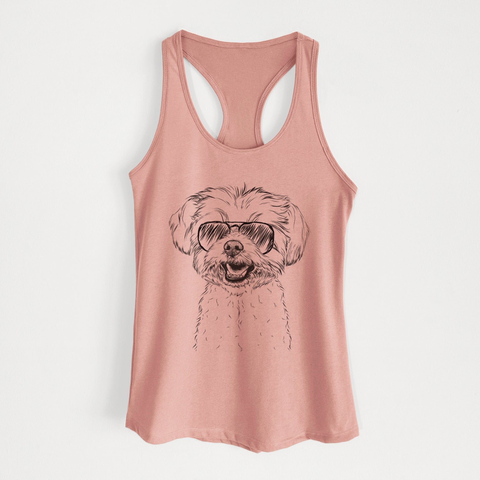Hand-drawn sketch of Aspen the Morkie wearing aviator sunglasses on a Desert Pink Women's racerback tanktop