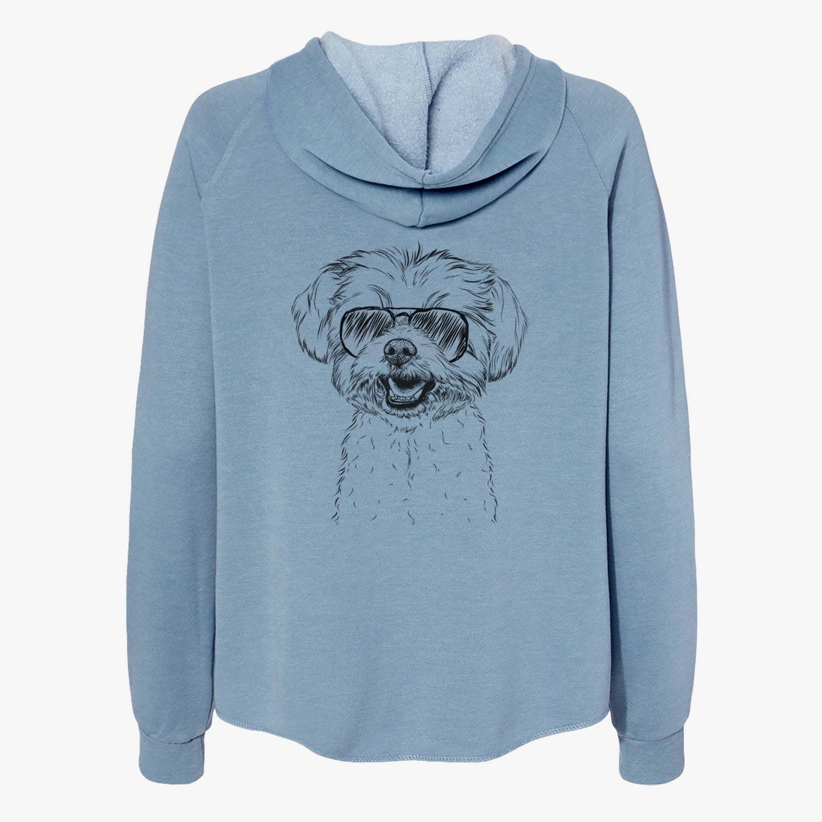 Hand-drawn sketch of Aspen the Morkie wearing aviator sunglasses on a Misty Blue Women's cali wave zip-up sweatshirt