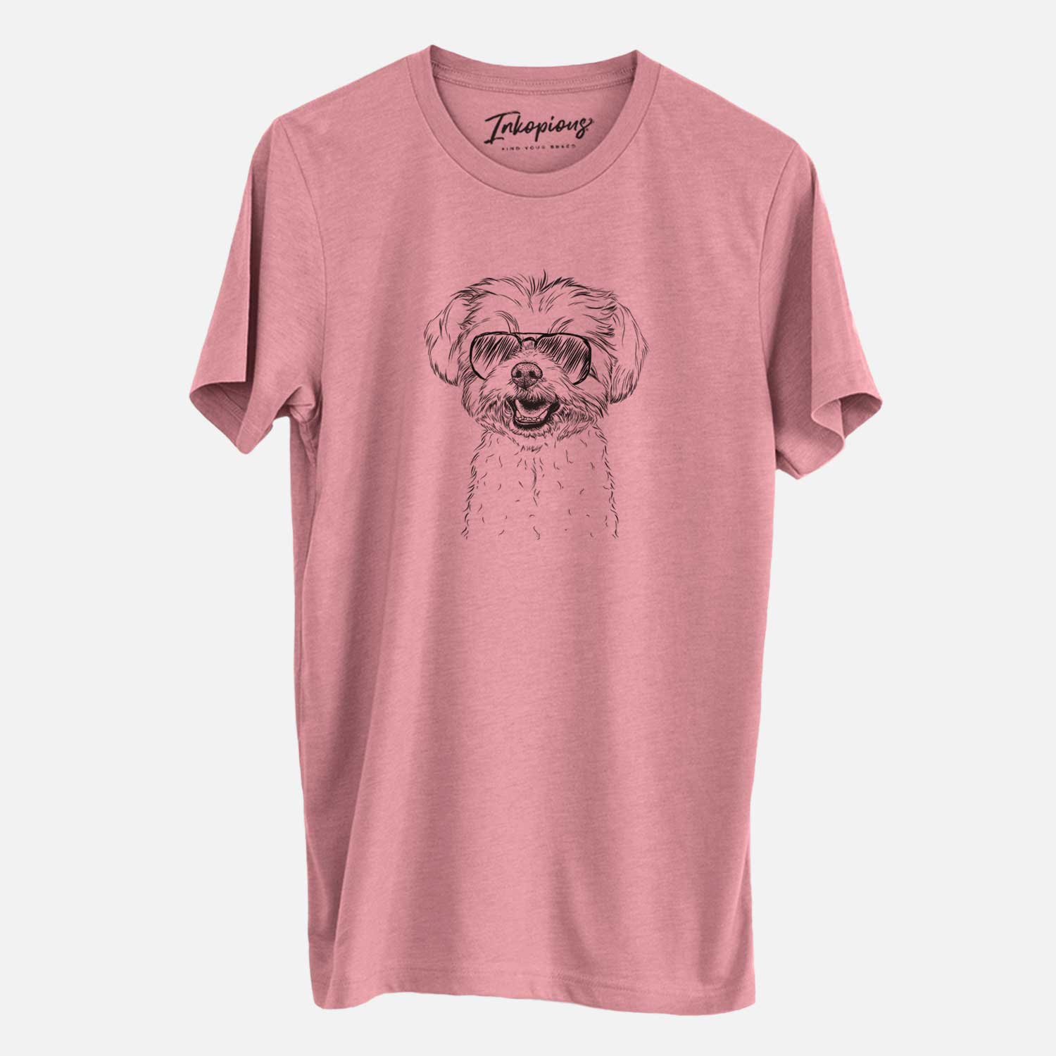 Hand-drawn sketch of Aspen the Morkie wearing aviator sunglasses on a Mauve Unisex crewneck