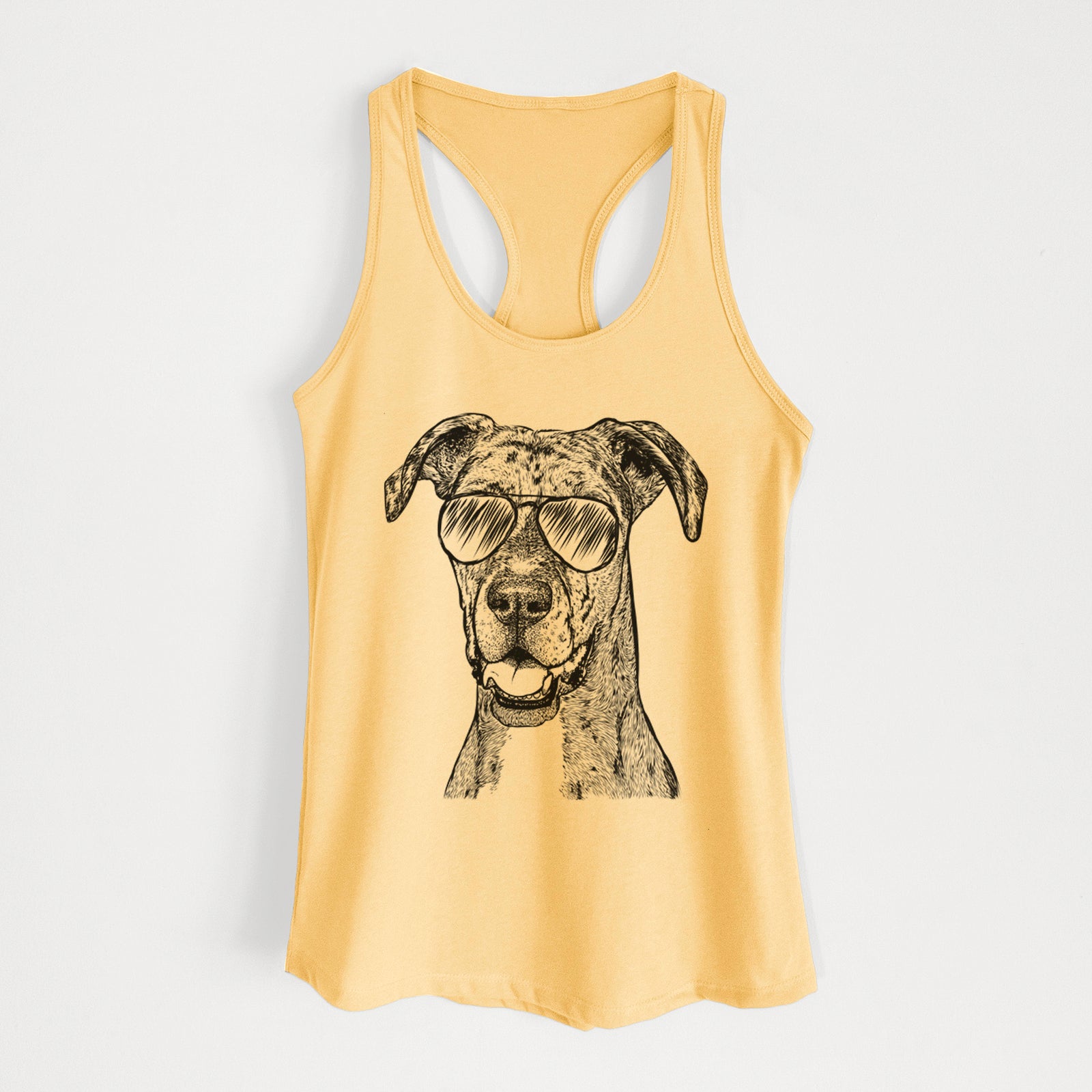 Hand-drawn sketch of Athena the Merle Great Dane wearing aviator sunglasses on a Banana Cream Women's racerback tanktop