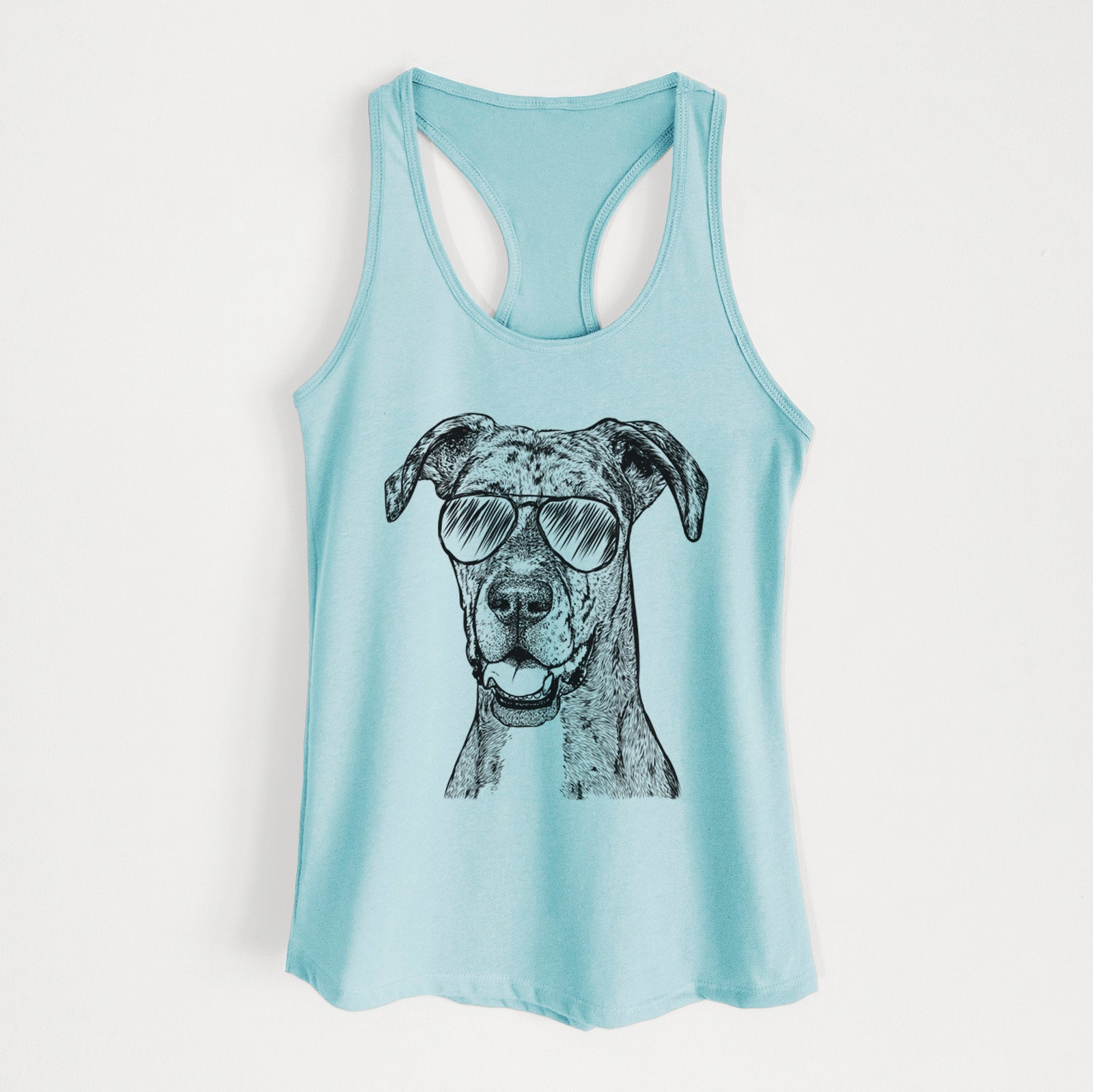 Hand-drawn sketch of Athena the Merle Great Dane wearing aviator sunglasses on a Cancun Blue Women's racerback tanktop