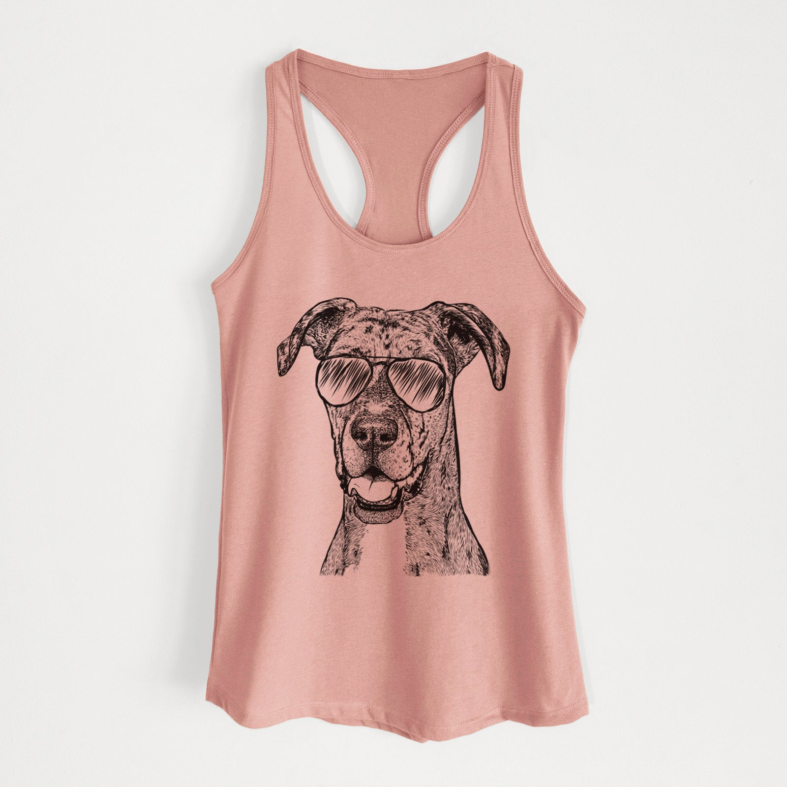 Hand-drawn sketch of Athena the Merle Great Dane wearing aviator sunglasses on a Desert Pink Women's racerback tanktop