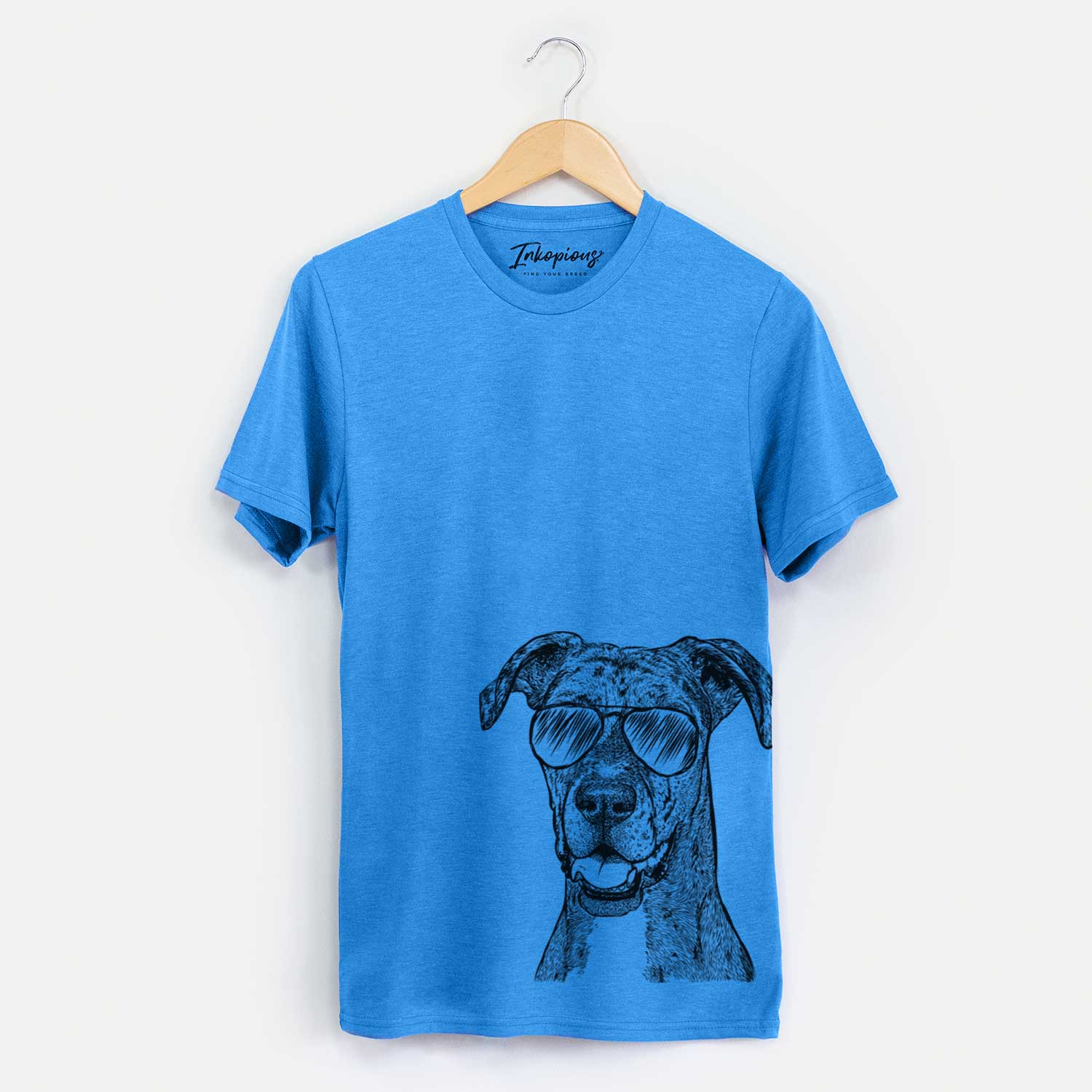 Hand-drawn sketch of Athena the Merle Great Dane wearing aviator sunglasses on a Blue Unisex crewneck