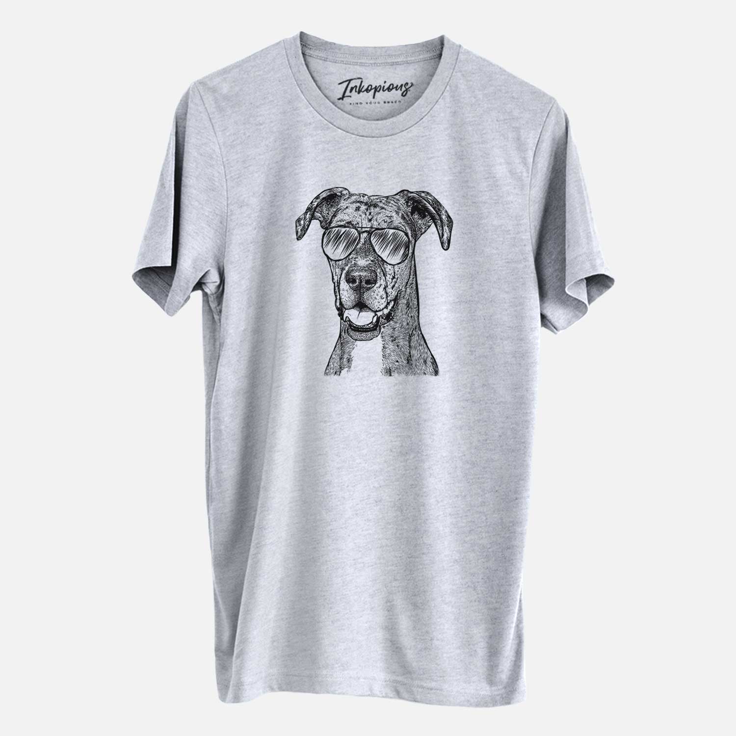 Hand-drawn sketch of Athena the Merle Great Dane wearing aviator sunglasses on a Grey Unisex crewneck