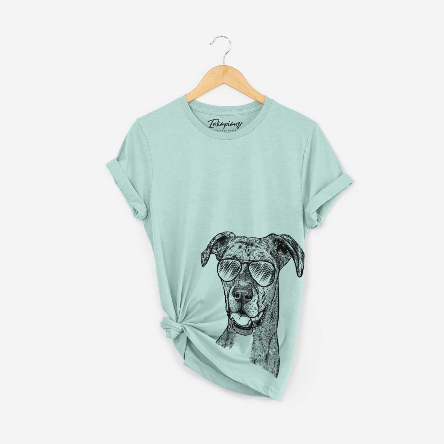 Hand-drawn sketch of Athena the Merle Great Dane wearing aviator sunglasses on a Heather Sage Bella Canvas Unisex Crewneck