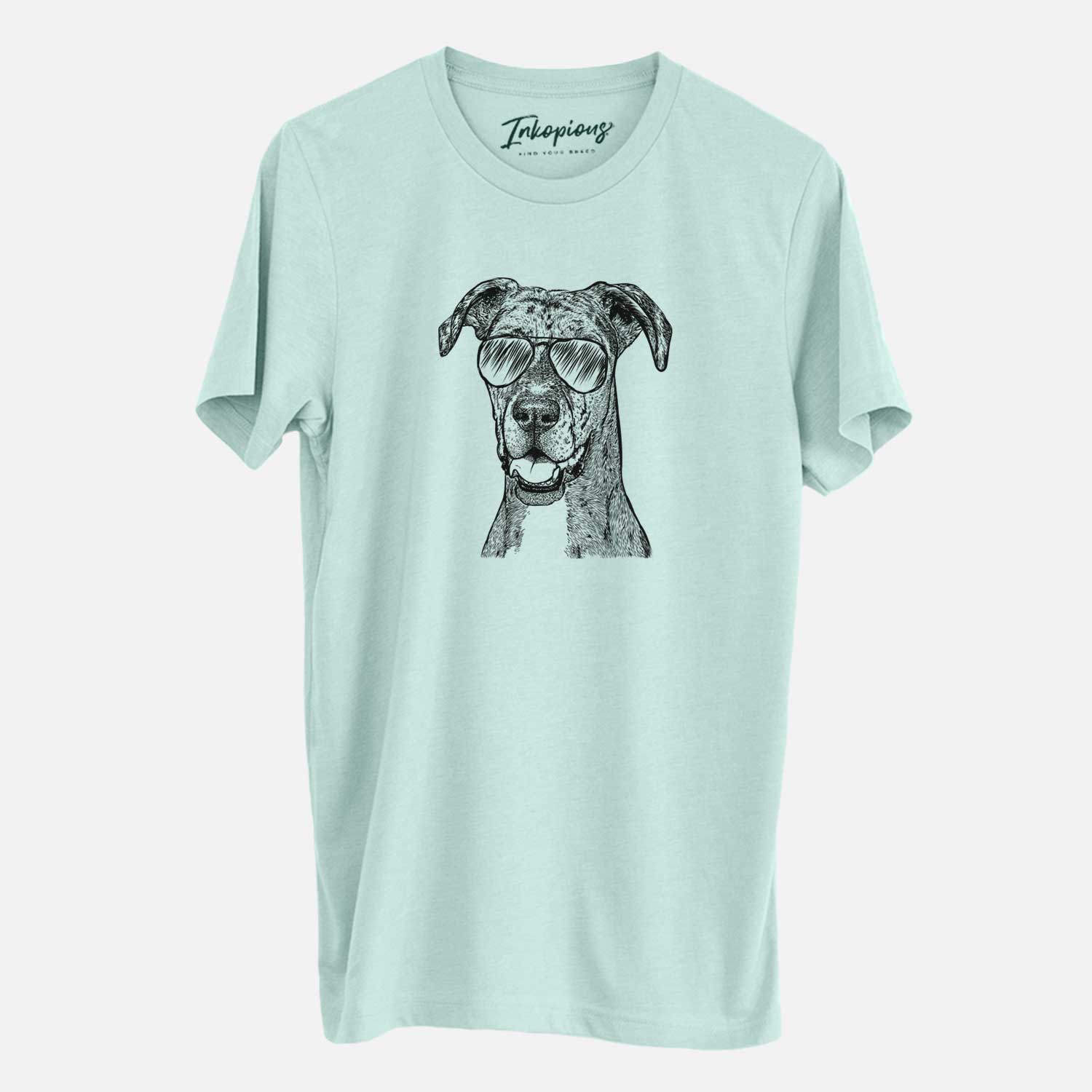 Hand-drawn sketch of Athena the Merle Great Dane wearing aviator sunglasses on a Heather Sage Unisex crewneck