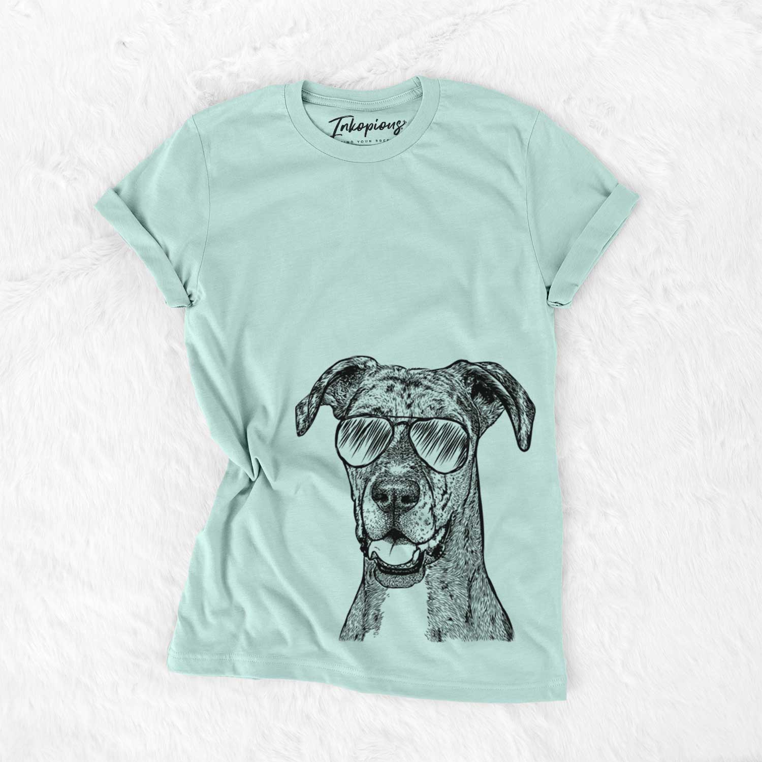 Hand-drawn sketch of Athena the Merle Great Dane wearing aviator sunglasses on a Heather Sage Unisex crewneck