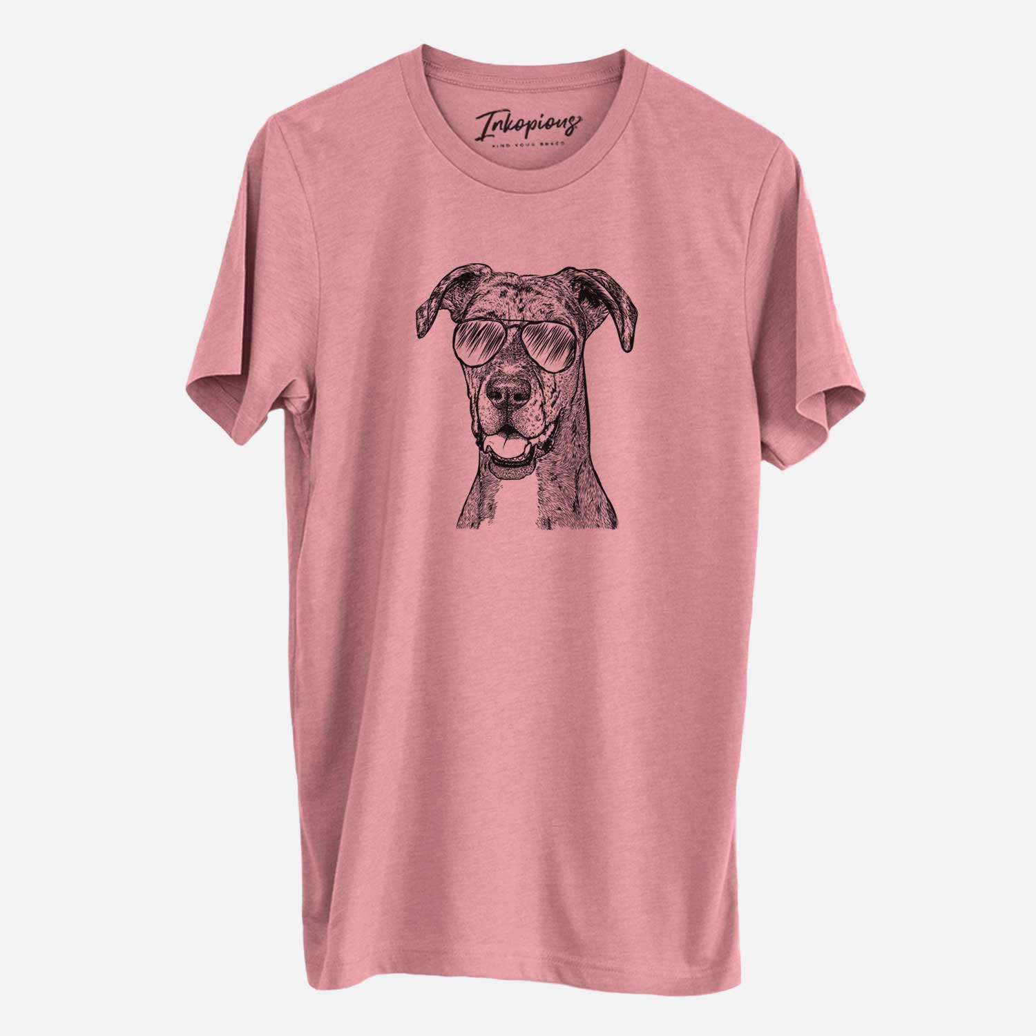 Hand-drawn sketch of Athena the Merle Great Dane wearing aviator sunglasses on a Mauve Unisex crewneck