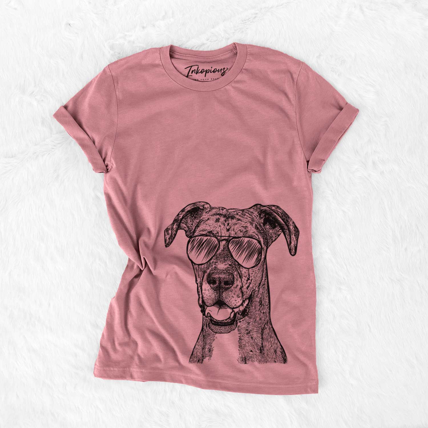 Hand-drawn sketch of Athena the Merle Great Dane wearing aviator sunglasses on a Mauve Bella Canvas Unisex Crewneck