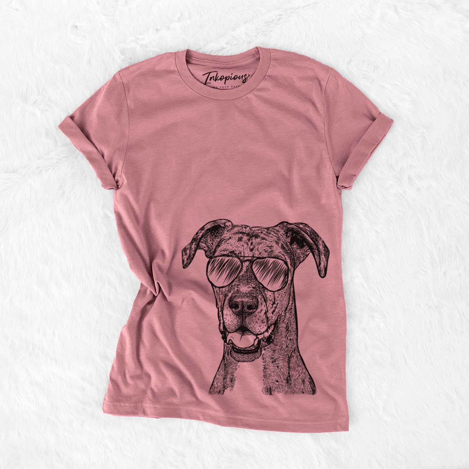 Hand-drawn sketch of Athena the Merle Great Dane wearing aviator sunglasses on a Mauve Unisex crewneck