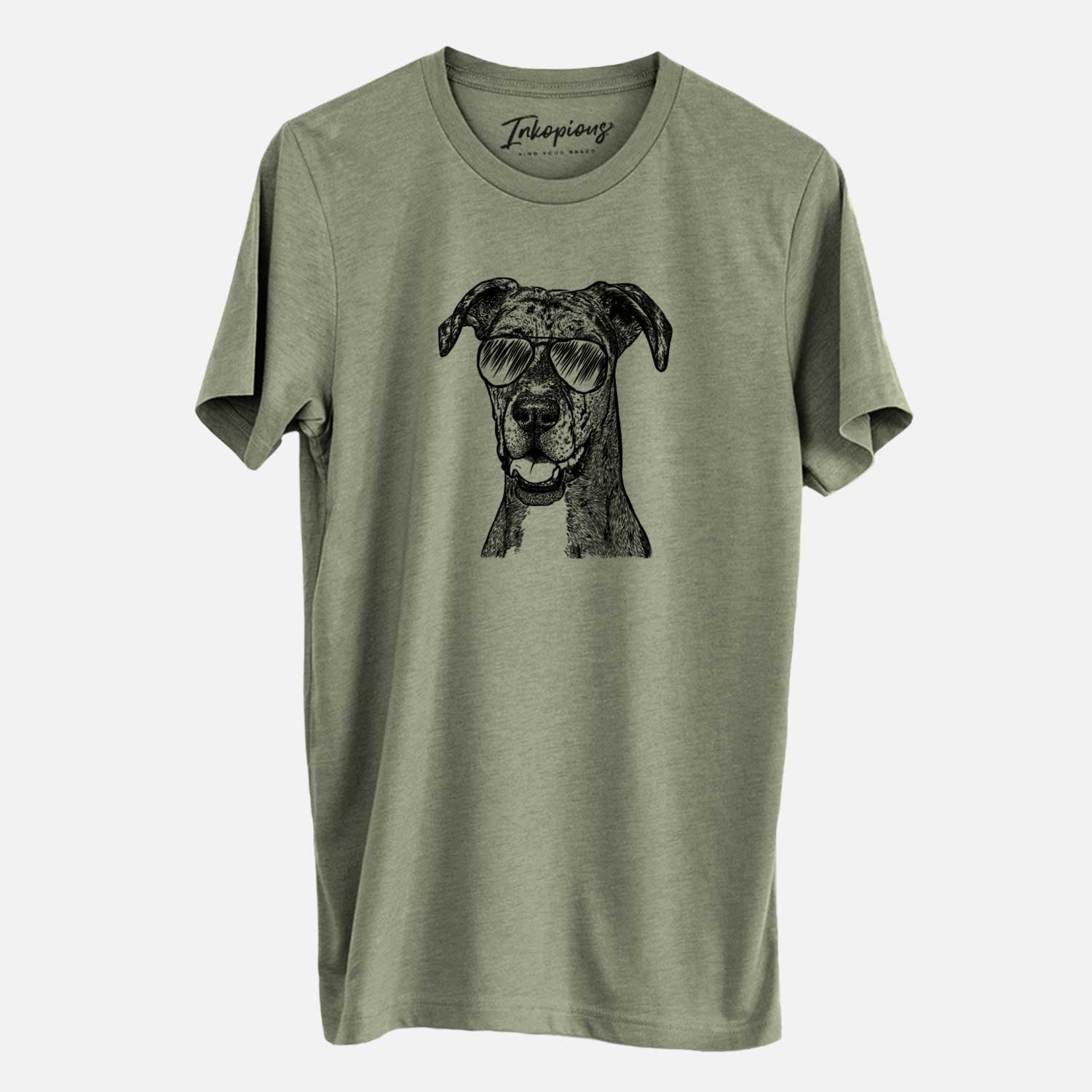Hand-drawn sketch of Athena the Merle Great Dane wearing aviator sunglasses on an Olive Unisex crewneck
