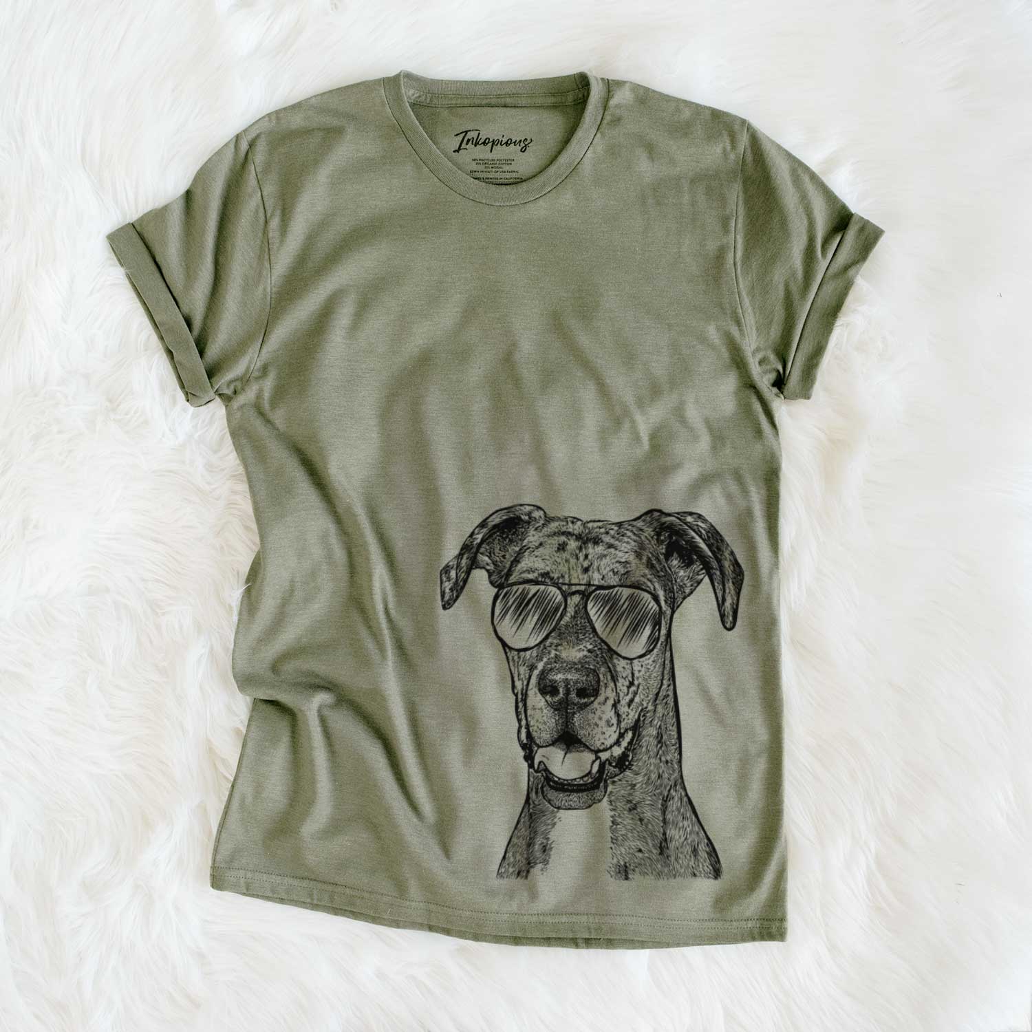 Hand-drawn sketch of Athena the Merle Great Dane wearing aviator sunglasses on an Olive Unisex crewneck