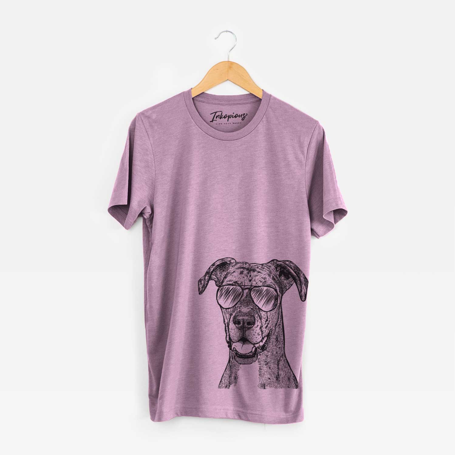 Hand-drawn sketch of Athena the Merle Great Dane wearing aviator sunglasses on an Orchid Unisex crewneck