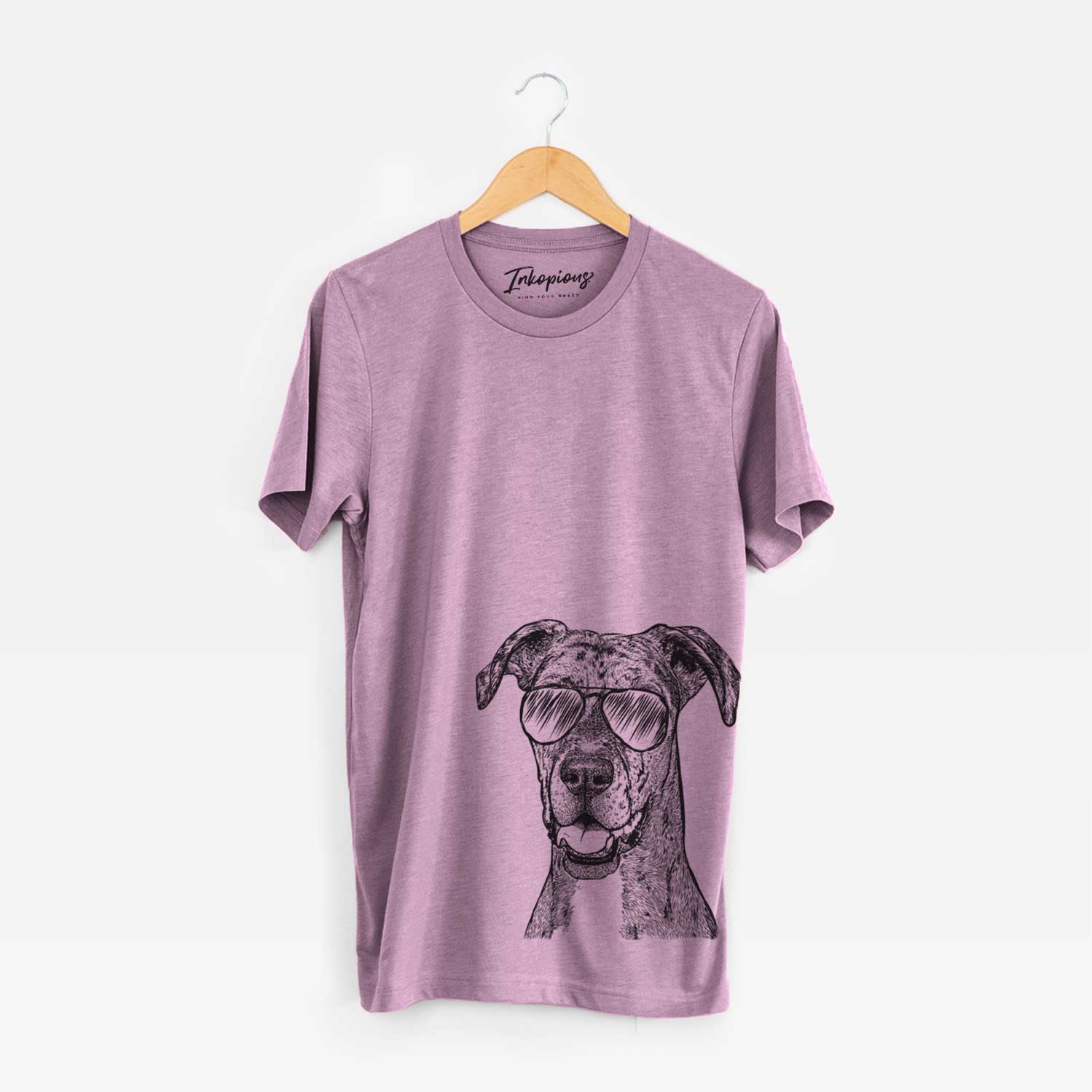 Hand-drawn sketch of Athena the Merle Great Dane wearing aviator sunglasses on an Orchid Bella Canvas Unisex Crewneck