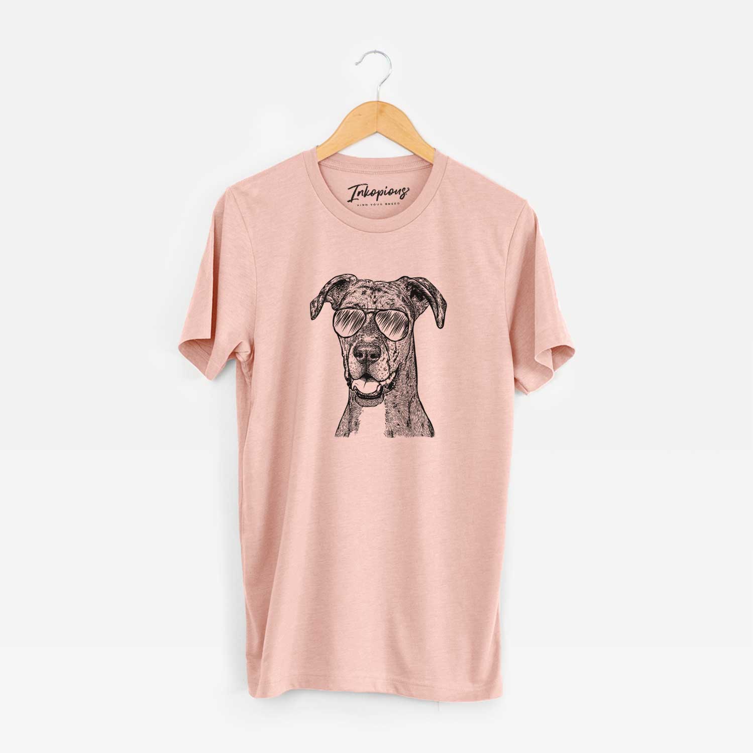 Hand-drawn sketch of Athena the Merle Great Dane wearing aviator sunglasses on a Peach Unisex crewneck