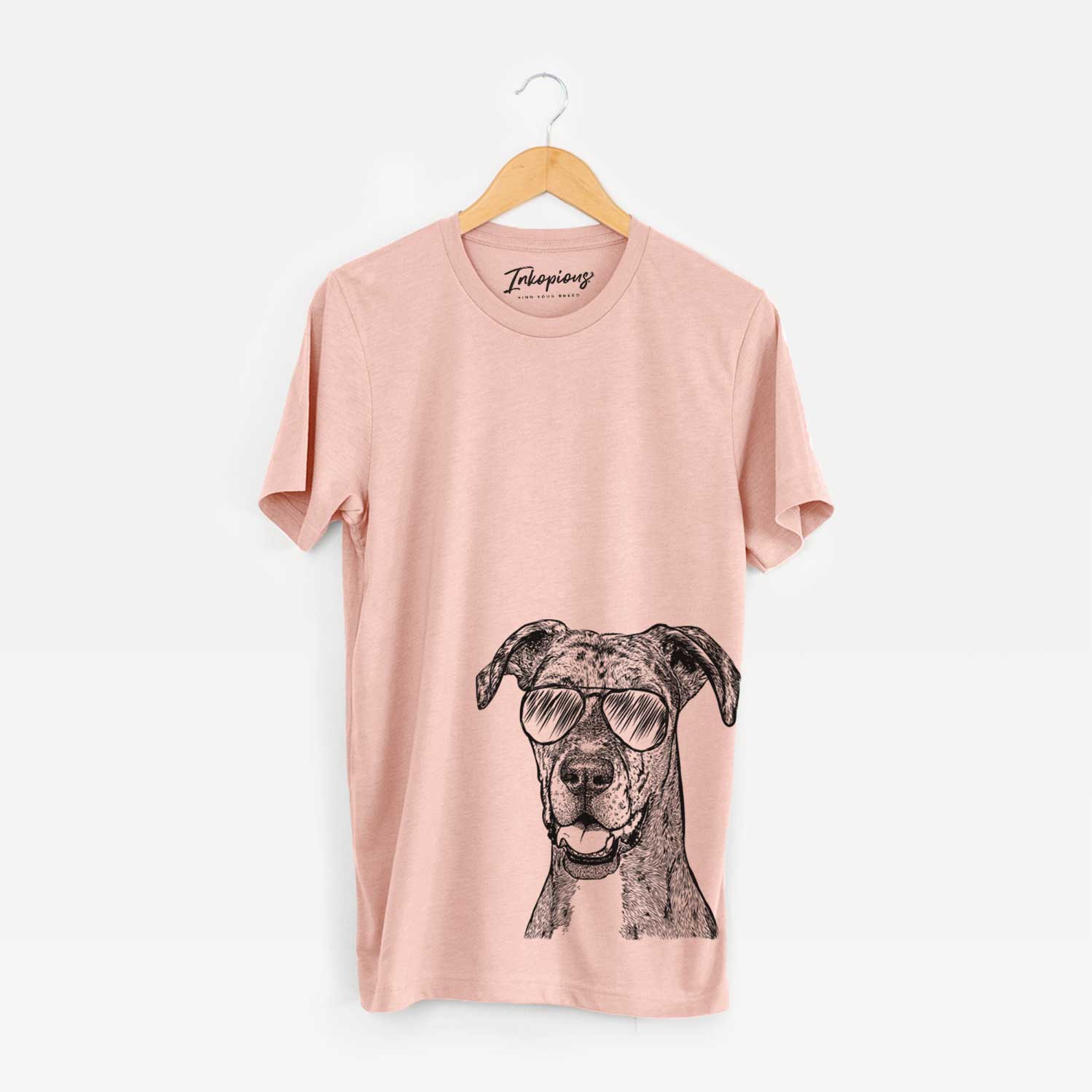 Hand-drawn sketch of Athena the Merle Great Dane wearing aviator sunglasses on a Peach Bella Canvas Unisex Crewneck
