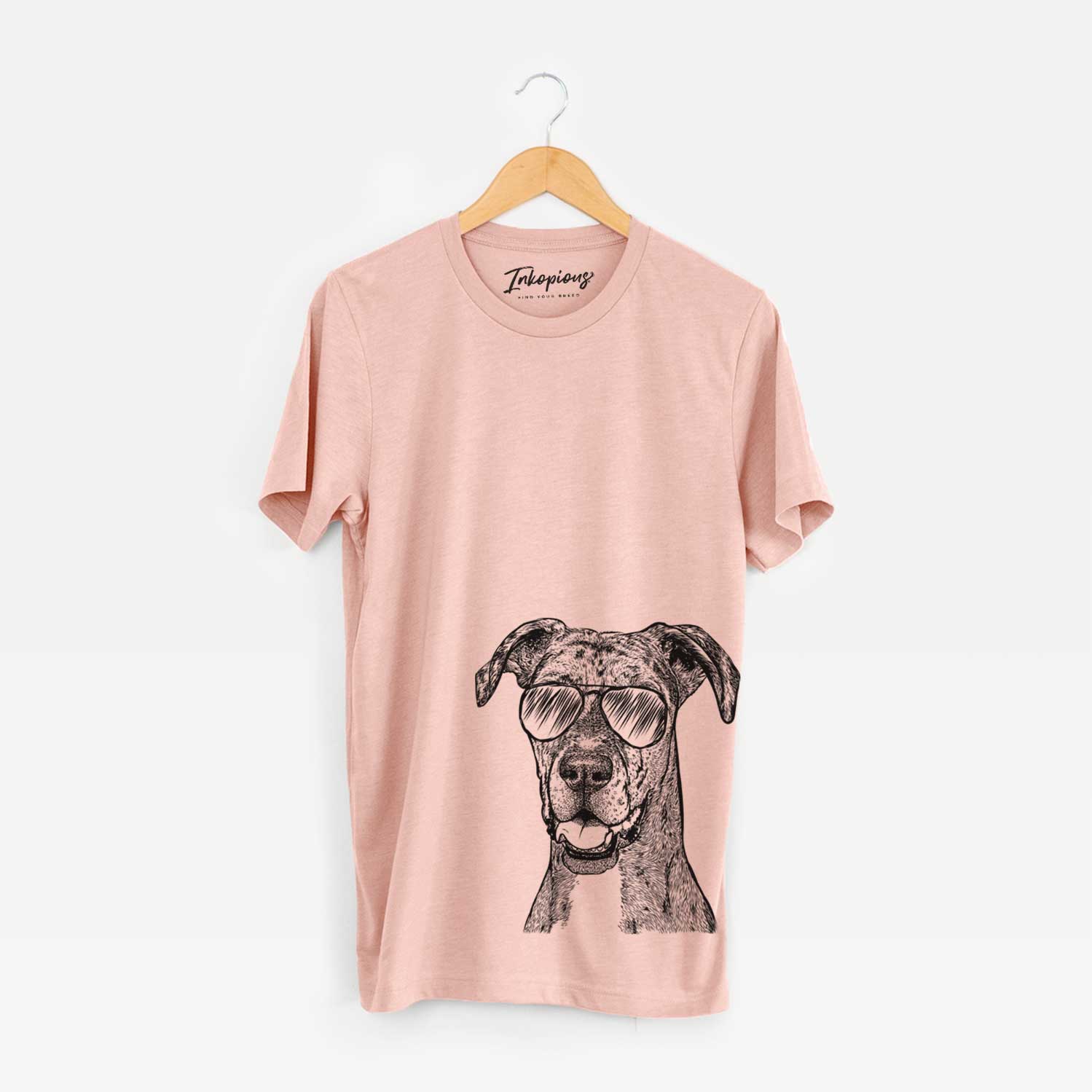 Hand-drawn sketch of Athena the Merle Great Dane wearing aviator sunglasses on a Peach Unisex crewneck