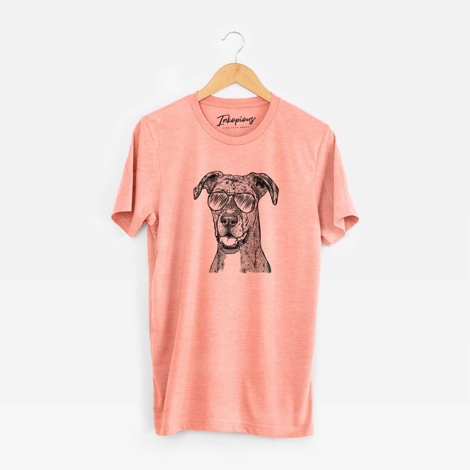 Hand-drawn sketch of Athena the Merle Great Dane wearing aviator sunglasses on a Sunset Unisex crewneck
