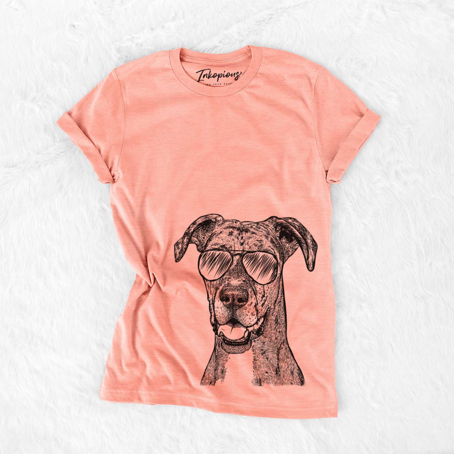 Hand-drawn sketch of Athena the Merle Great Dane wearing aviator sunglasses on a Sunset Bella Canvas Unisex Crewneck