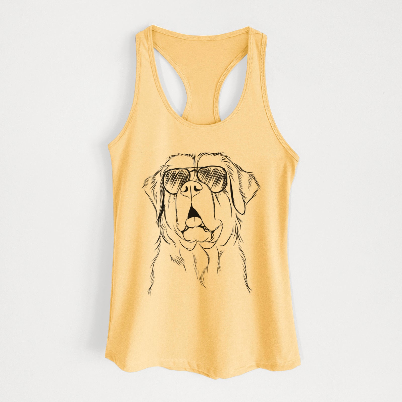 Hand-drawn sketch of Atlas the Saint Bernard wearing aviator sunglasses on a Banana Cream Women's racerback tanktop