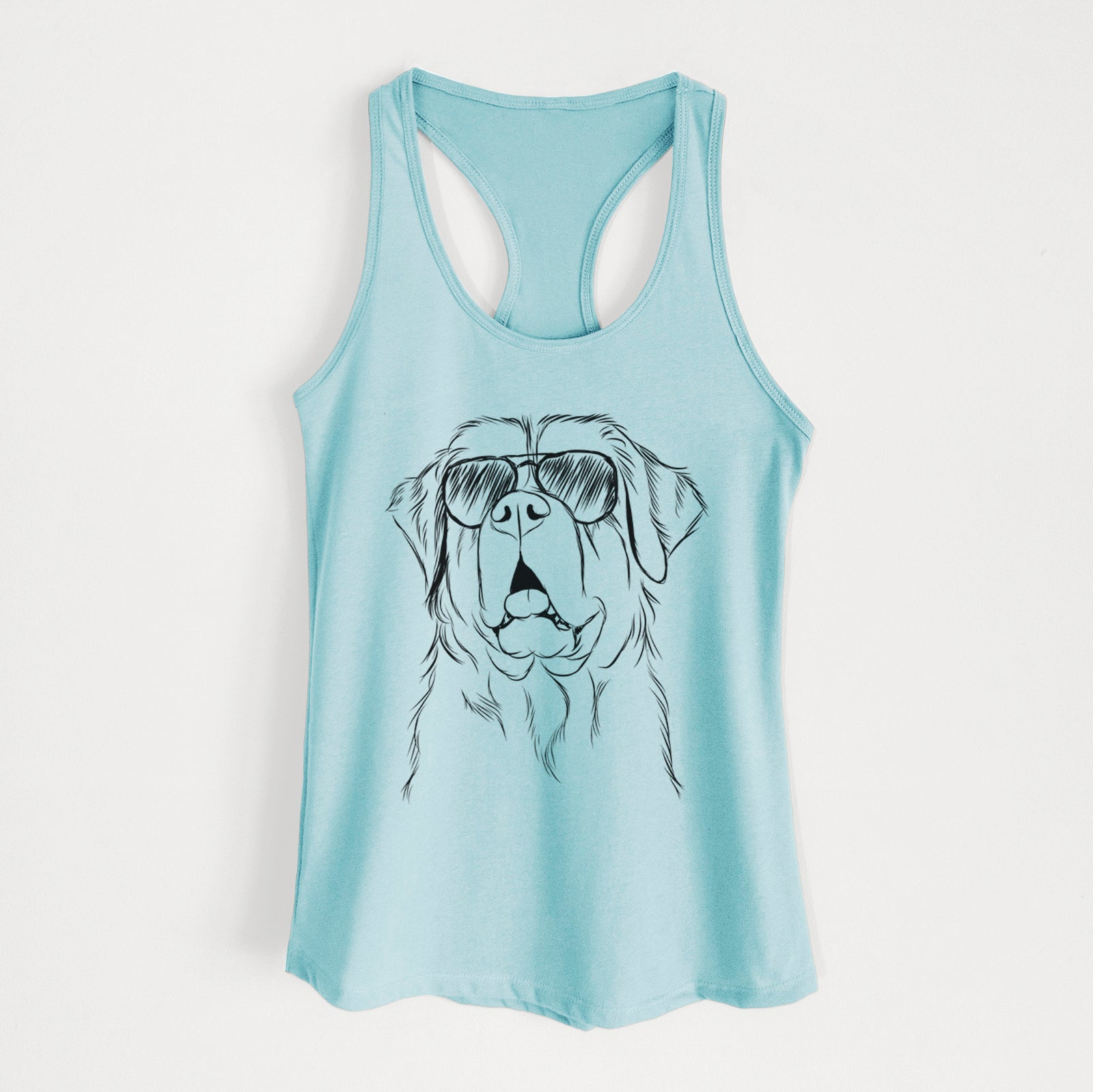 Hand-drawn sketch of Atlas the Saint Bernard wearing aviator sunglasses on a Cancun Blue Women's racerback tanktop