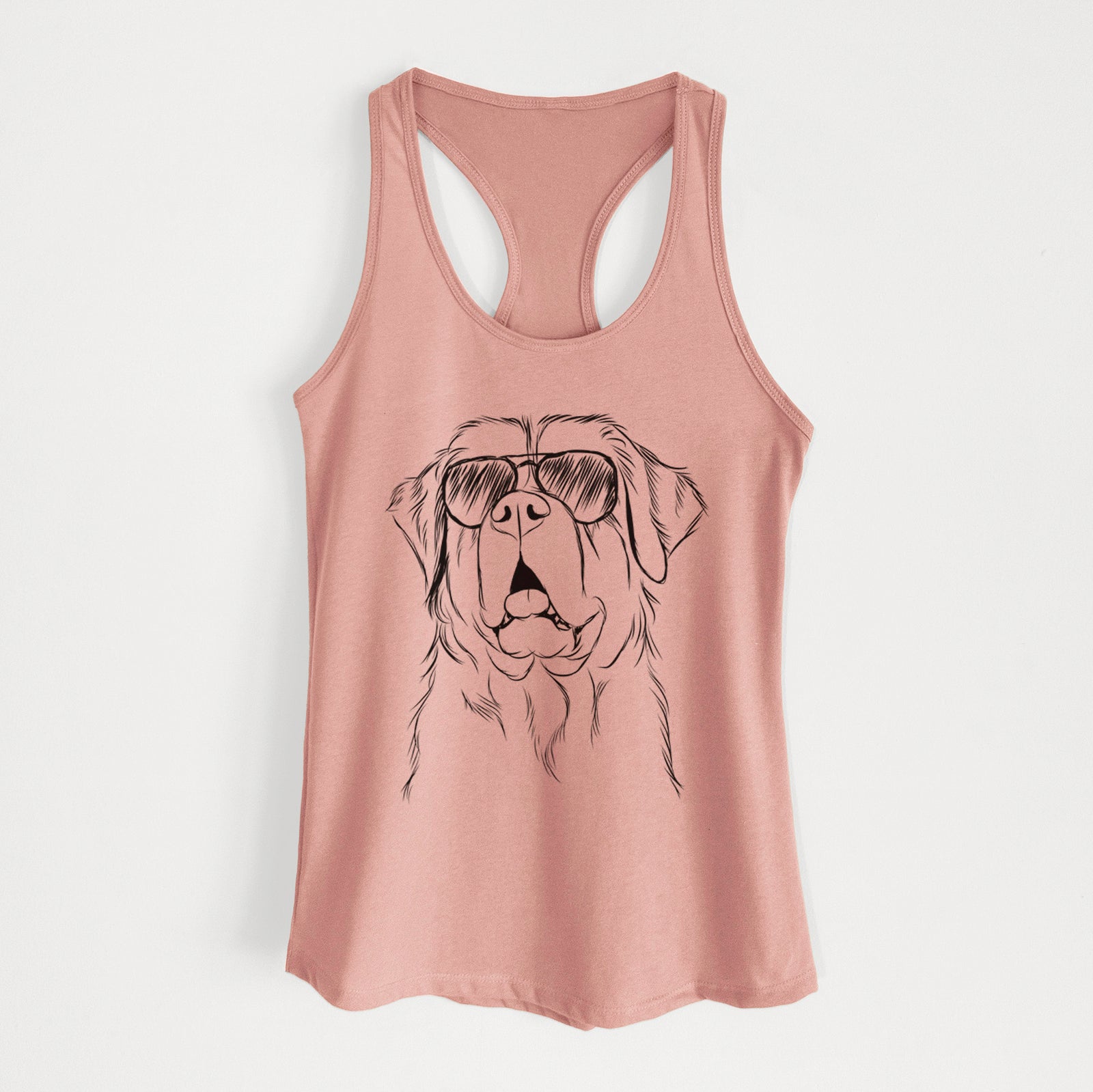 Hand-drawn sketch of Atlas the Saint Bernard wearing aviator sunglasses on a Desert Pink Women's racerback tanktop